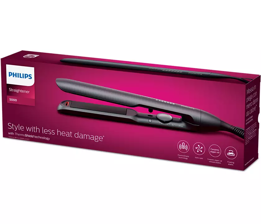 Philips hair straightener box. It has the product image and text about the features.