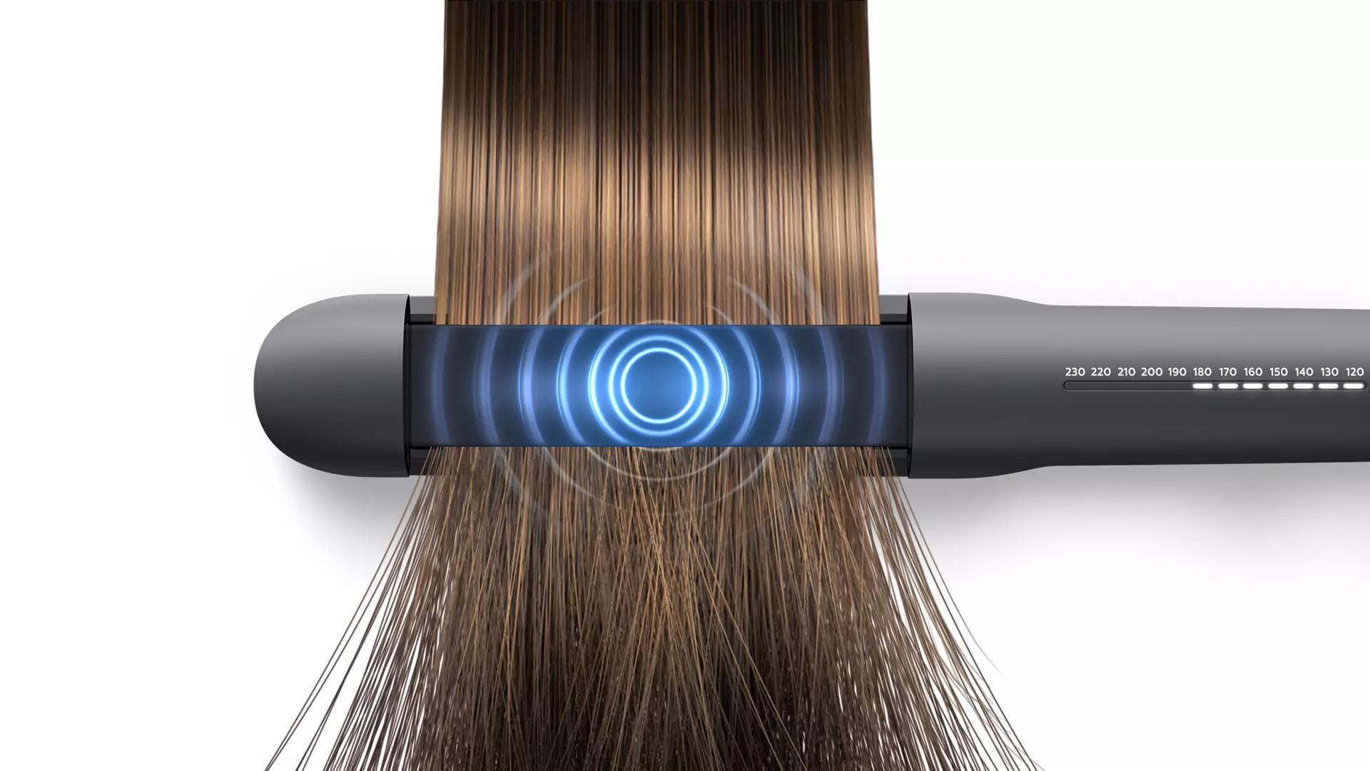 Hair being straightened by a flat iron. The iron has blue light rings.
