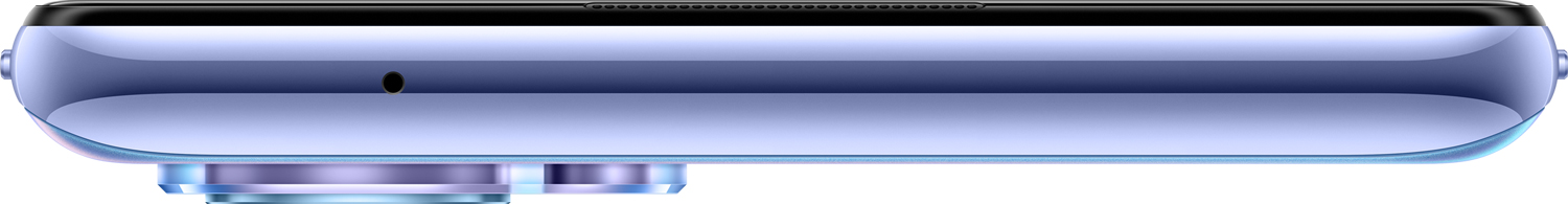 Vue de dessus d'un téléphone bleu avec objectifs et un point noir pour le micro.
