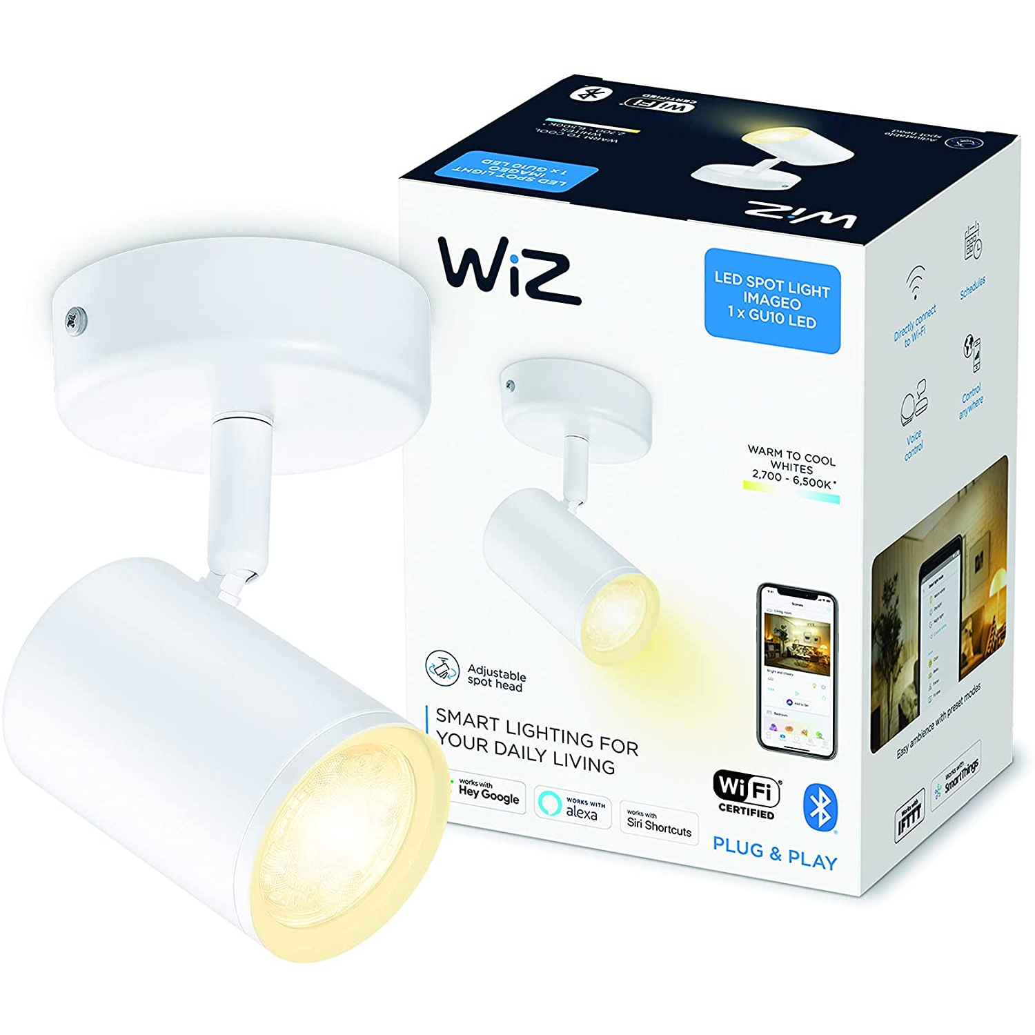 Lámpara - WiZ Imageo Spots 1, Inteligente, Conexión Plug & Play, Luz blanca fría/ cálida, WiFi, BT, Blanco