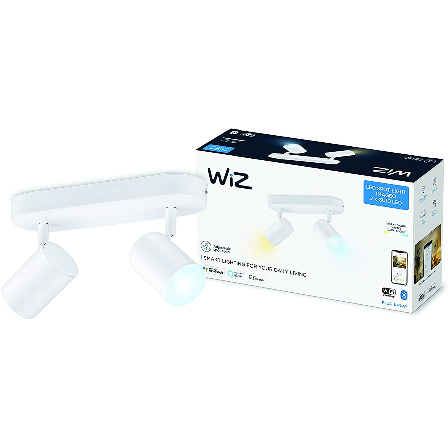 Lámpara - WiZ Imageo Spots 2, Inteligente, Luz blanca fría/ cálida, WiFi, Bluetooth, 2 bombillas, Blanco