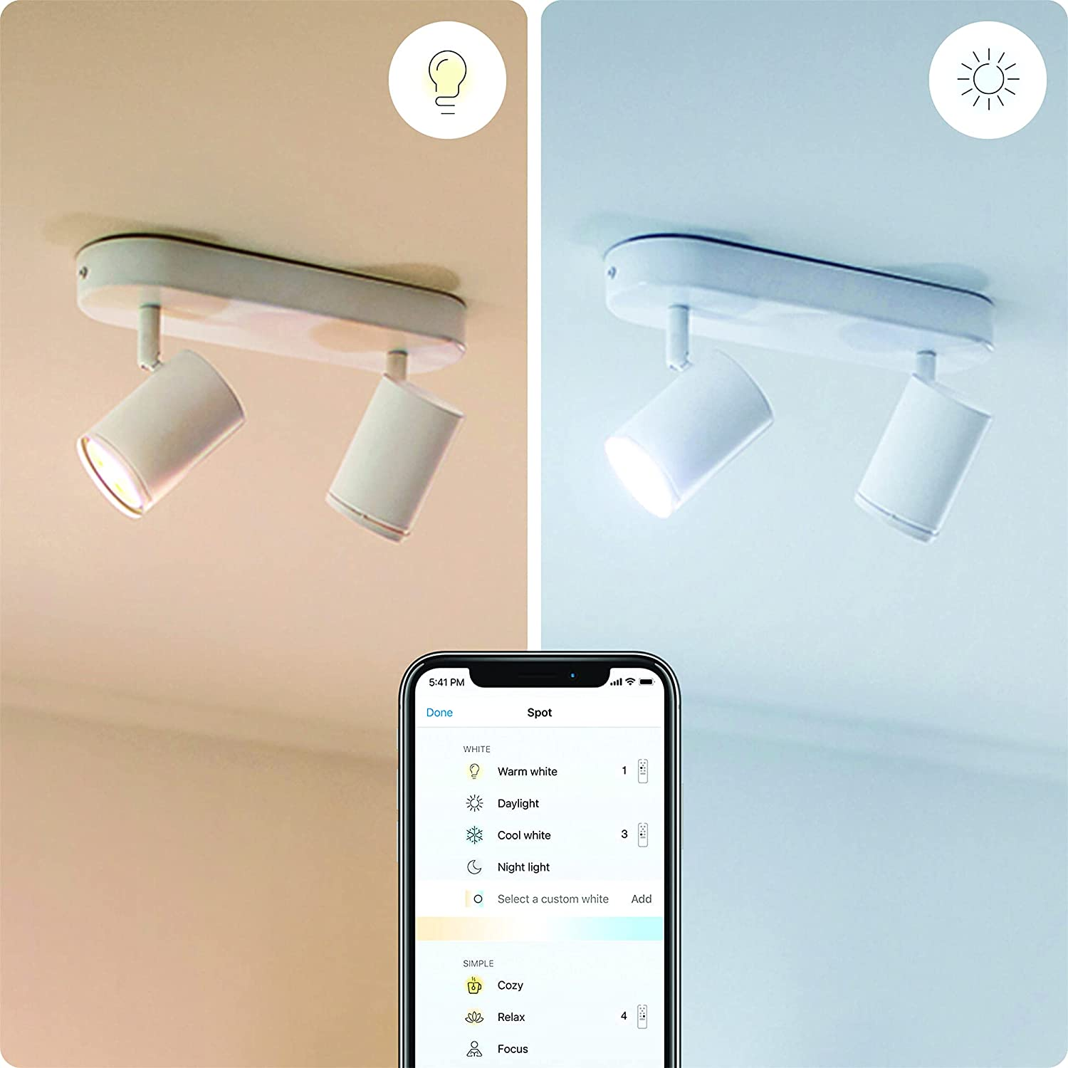 Lámpara - WiZ Imageo Spots 2, Inteligente, Luz blanca fría/ cálida, WiFi, Bluetooth, 2 bombillas, Blanco