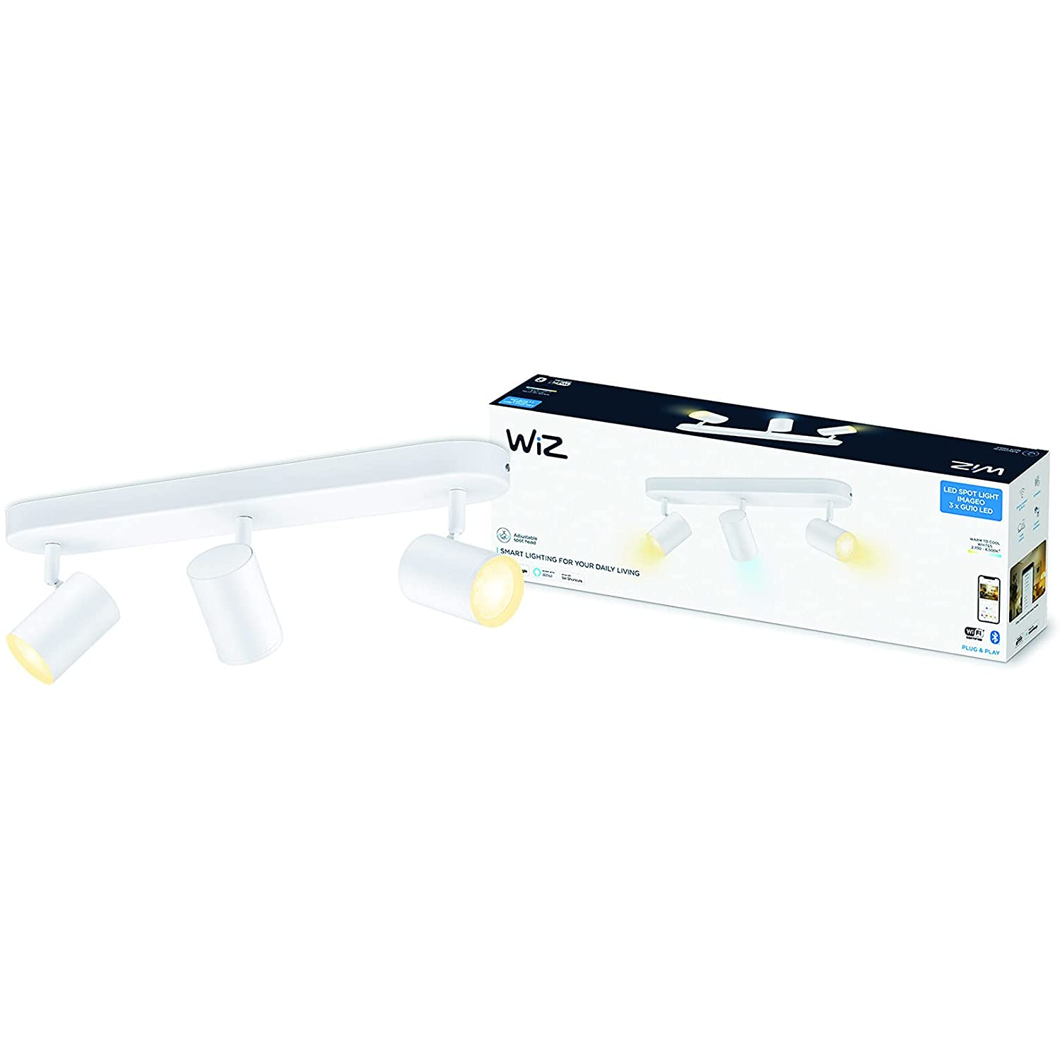 Lámpara - WiZ Imageo Spots 3, Inteligente, Luz blanca fría/ cálida, WiFi, Bluetooth, 3 bombillas, Blanco