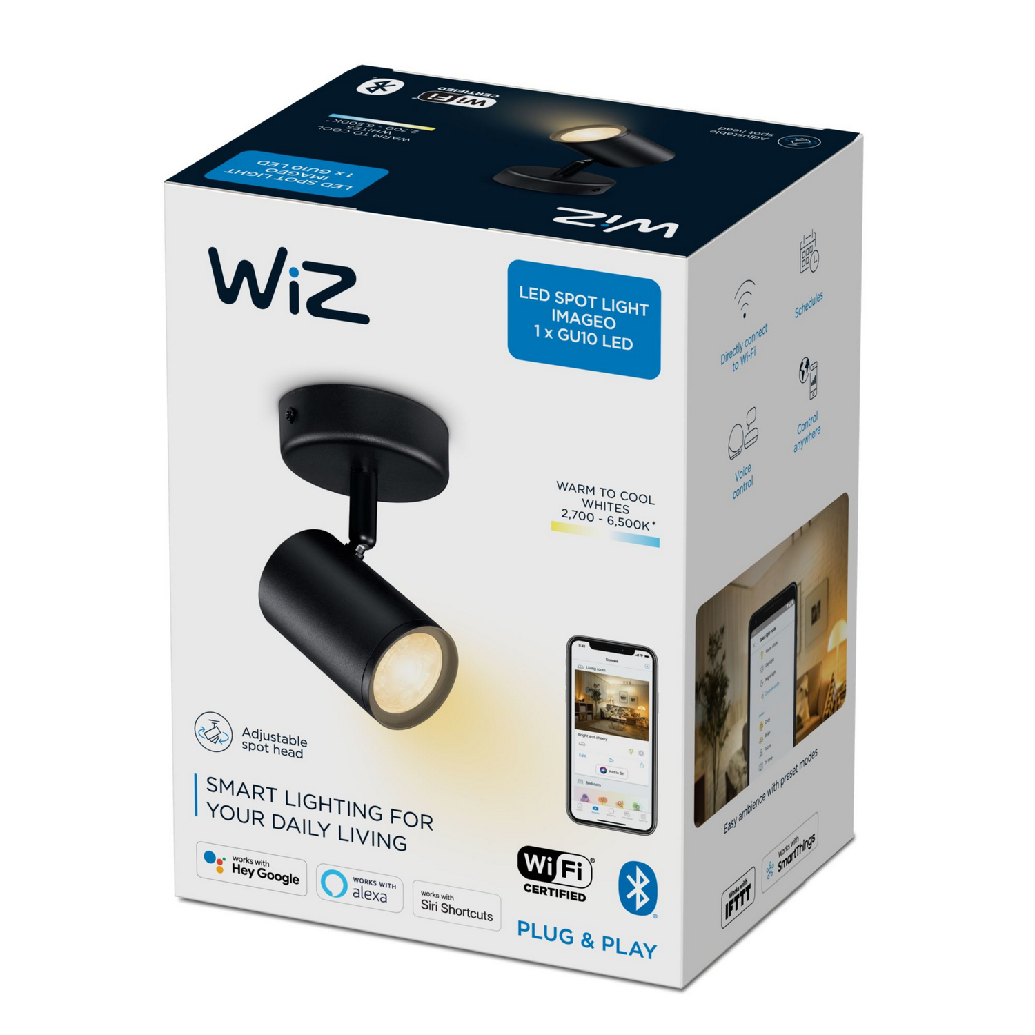 Lámpara - WiZ Imageo Spots 1, Inteligente, Conexión Plug & Play, Luz blanca fría/ cálida, WiFi, BT, Negro