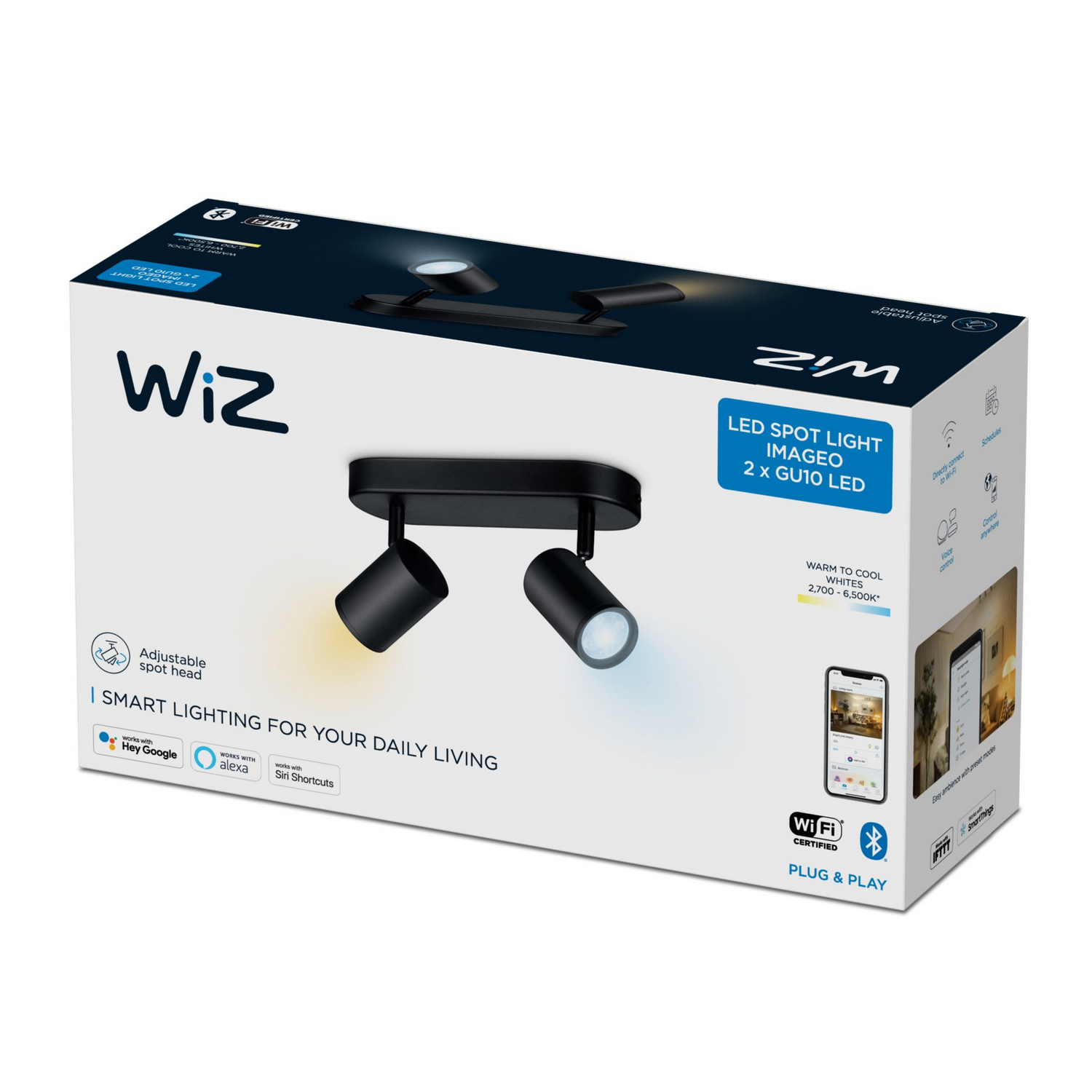 Lámpara - WiZ Imageo Spots 2, Inteligente, Luz blanca fría/ cálida, WiFi, Bluetooth, 2 bombillas, Negro
