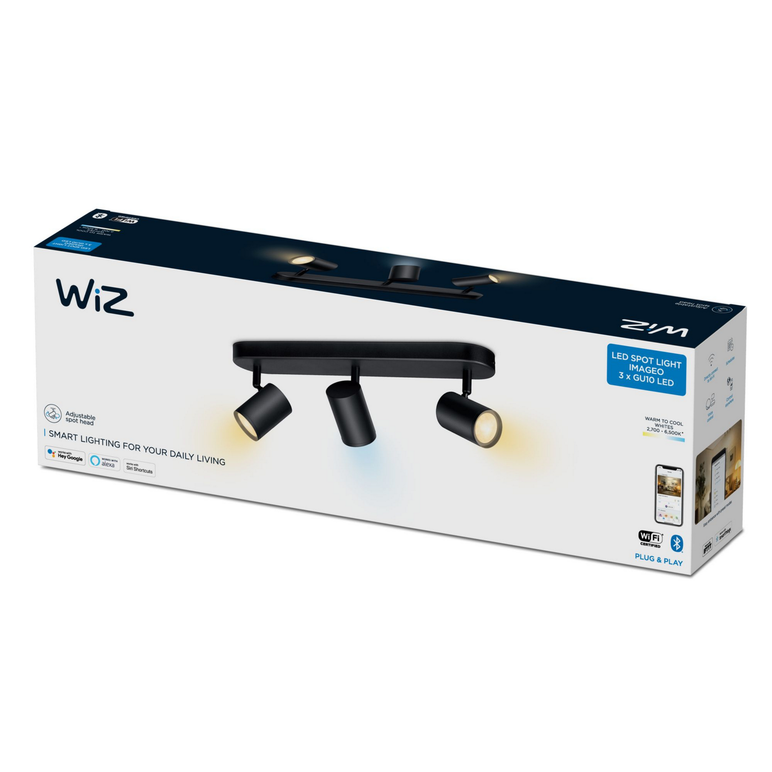 Lámpara - WiZ Imageo Spots 3, Inteligente, Luz blanca fría/ cálida, WiFi, Bluetooth, 3 bombillas, Negro