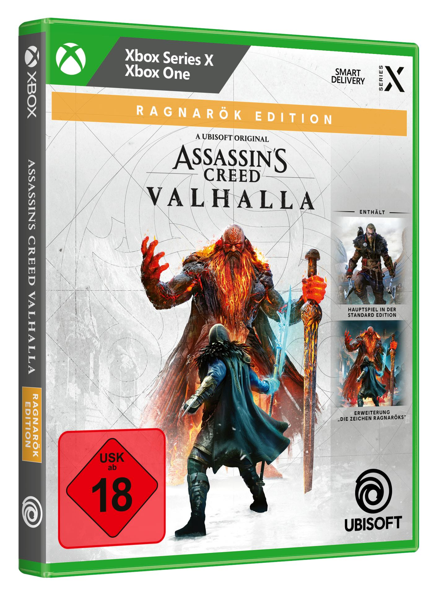 Videospielbox für Assassin's Creed Valhalla: Ragnarök Edition. Charaktere und Logo sind sichtbar.