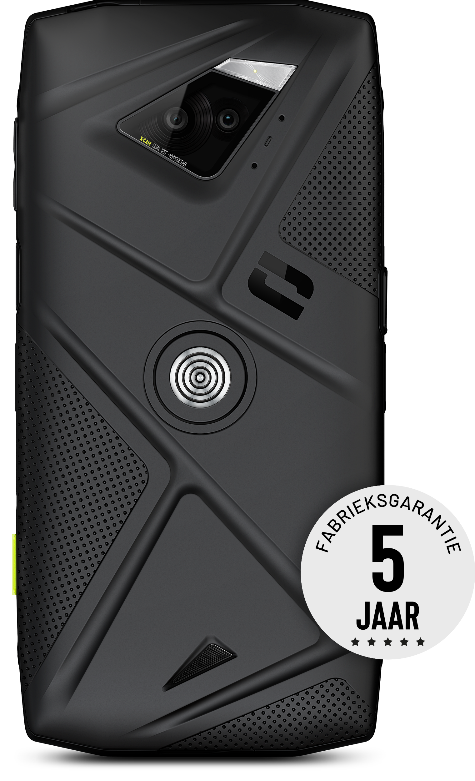 Black rugged smartphone with camera, logo, and 5-year guarantee sticker.