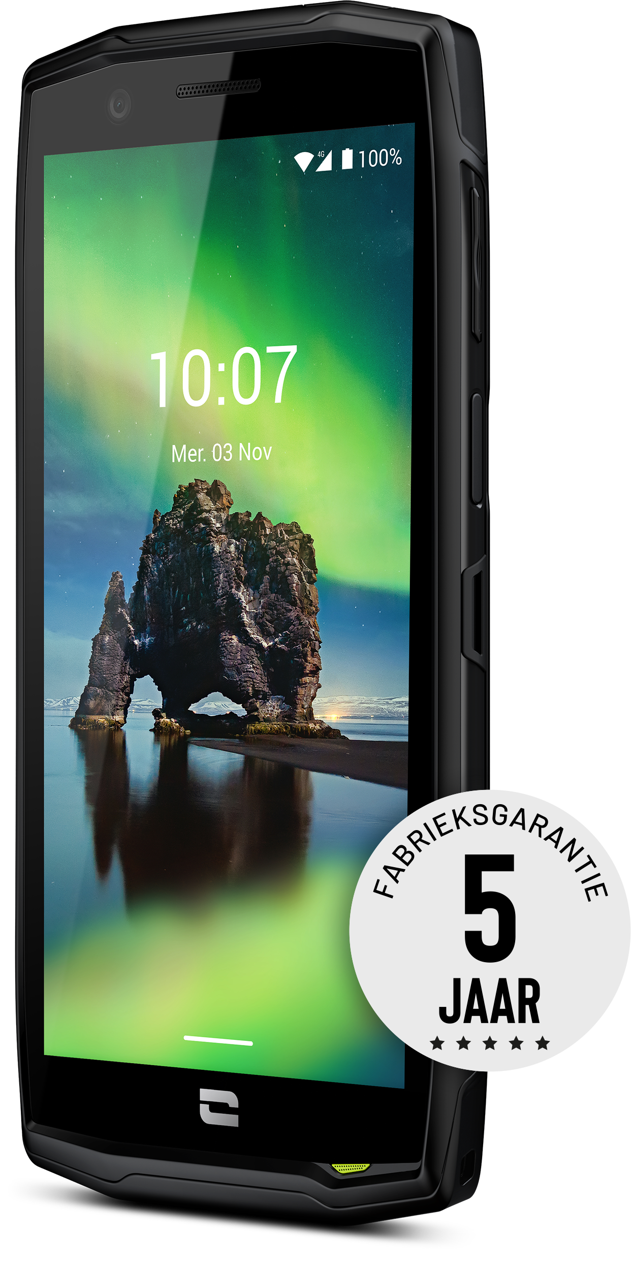 Black smartphone with a screen displaying a rock formation in a lake with a date and time.