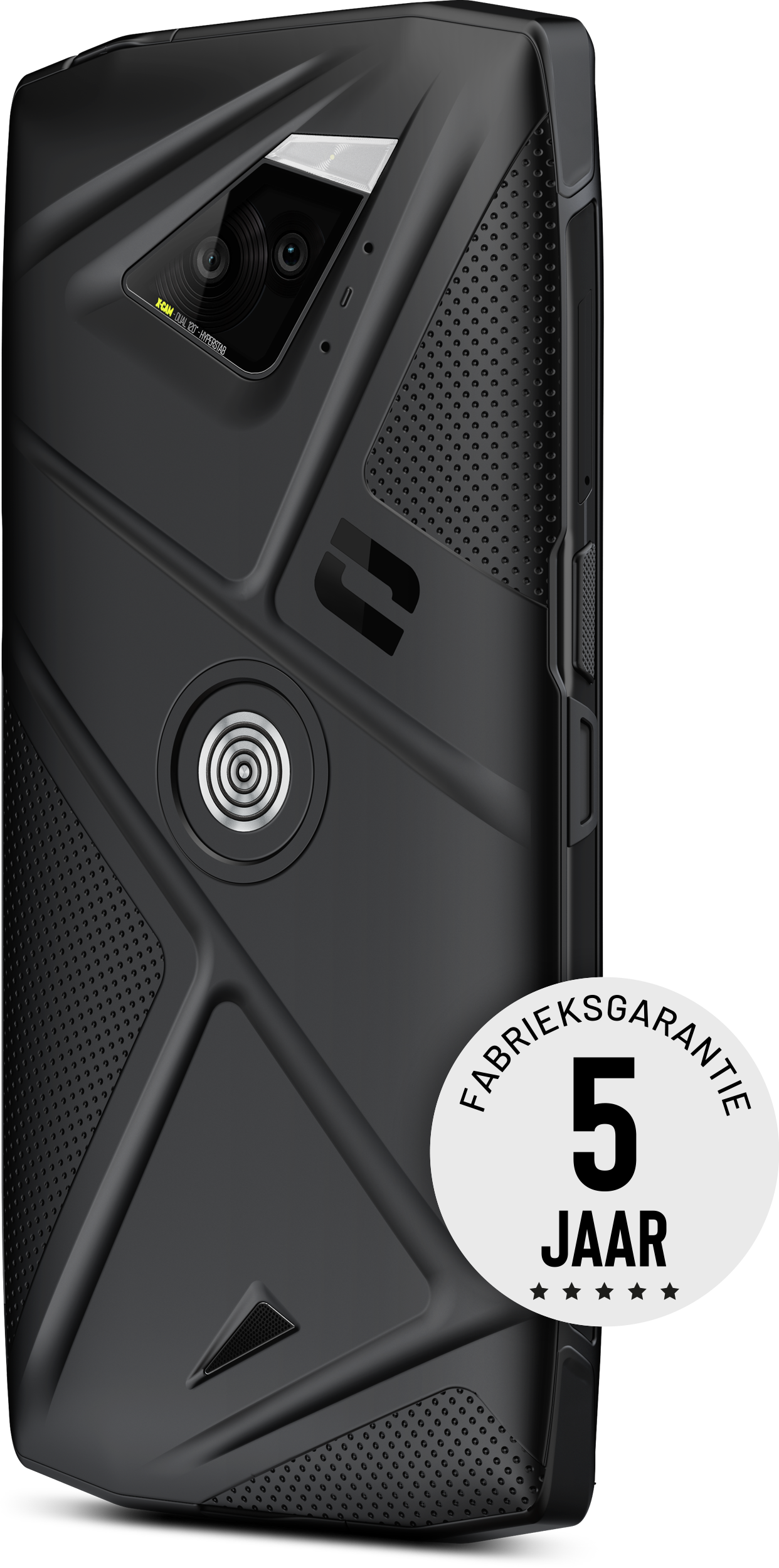 Black, rugged smartphone with a back camera and a 5-year warranty sticker.