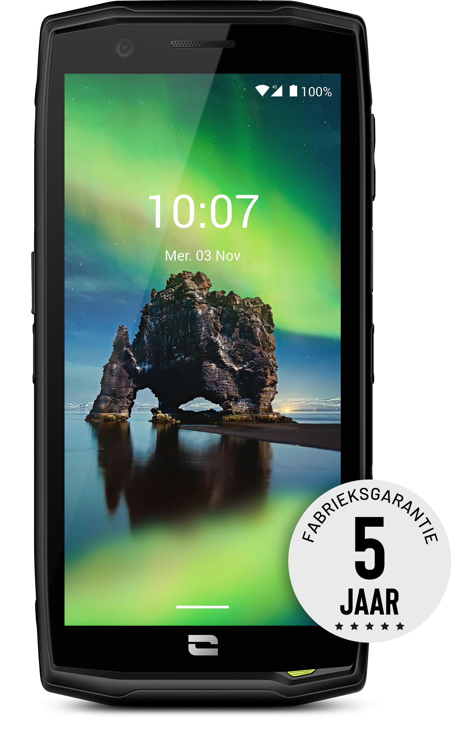 Zwarte robuuste smartphone die een landschap en tijd weergeeft. Er is een garantielabel rechts.