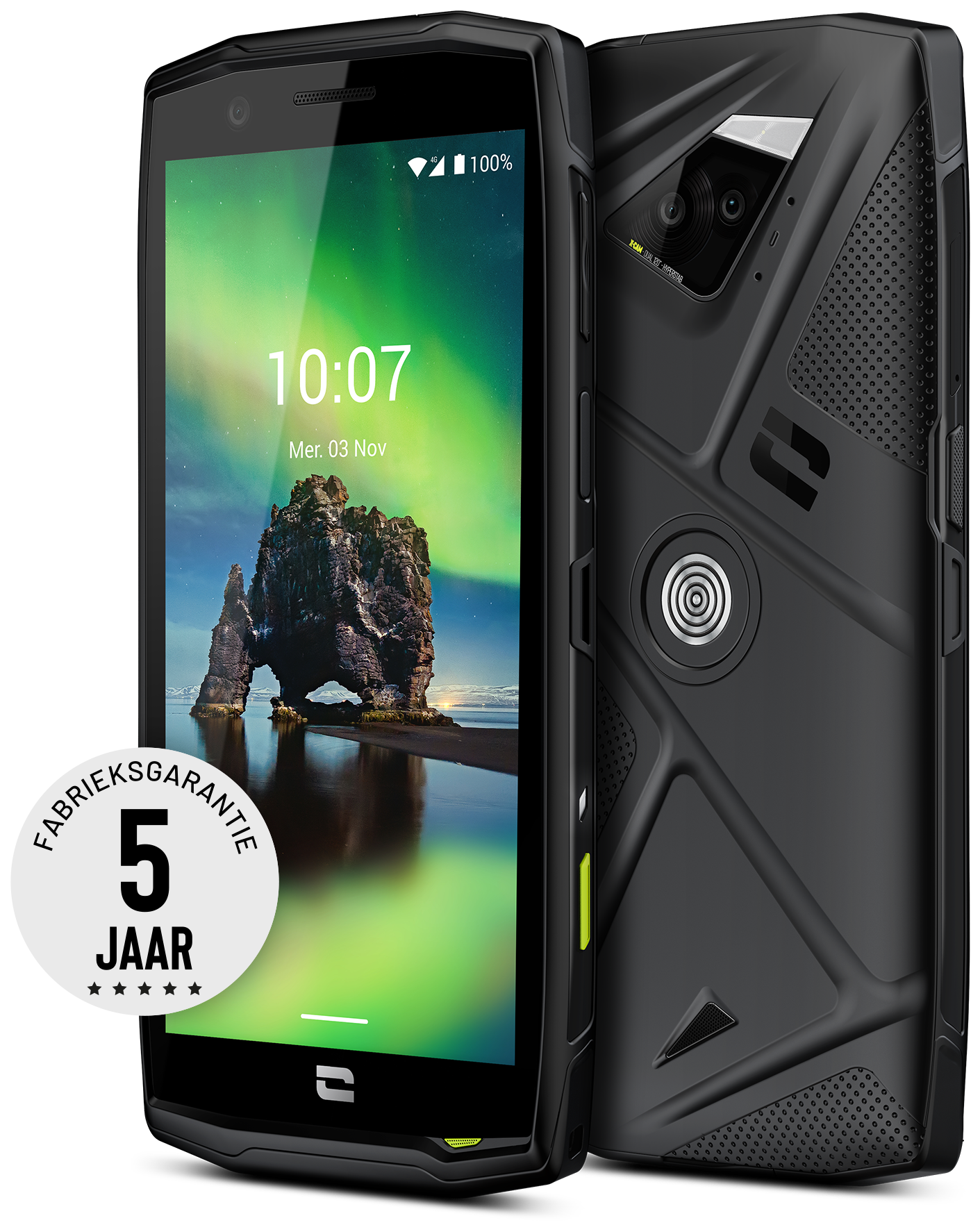 Rugged black phone with screen showing landscape. Warranty sticker on left. Back has camera.