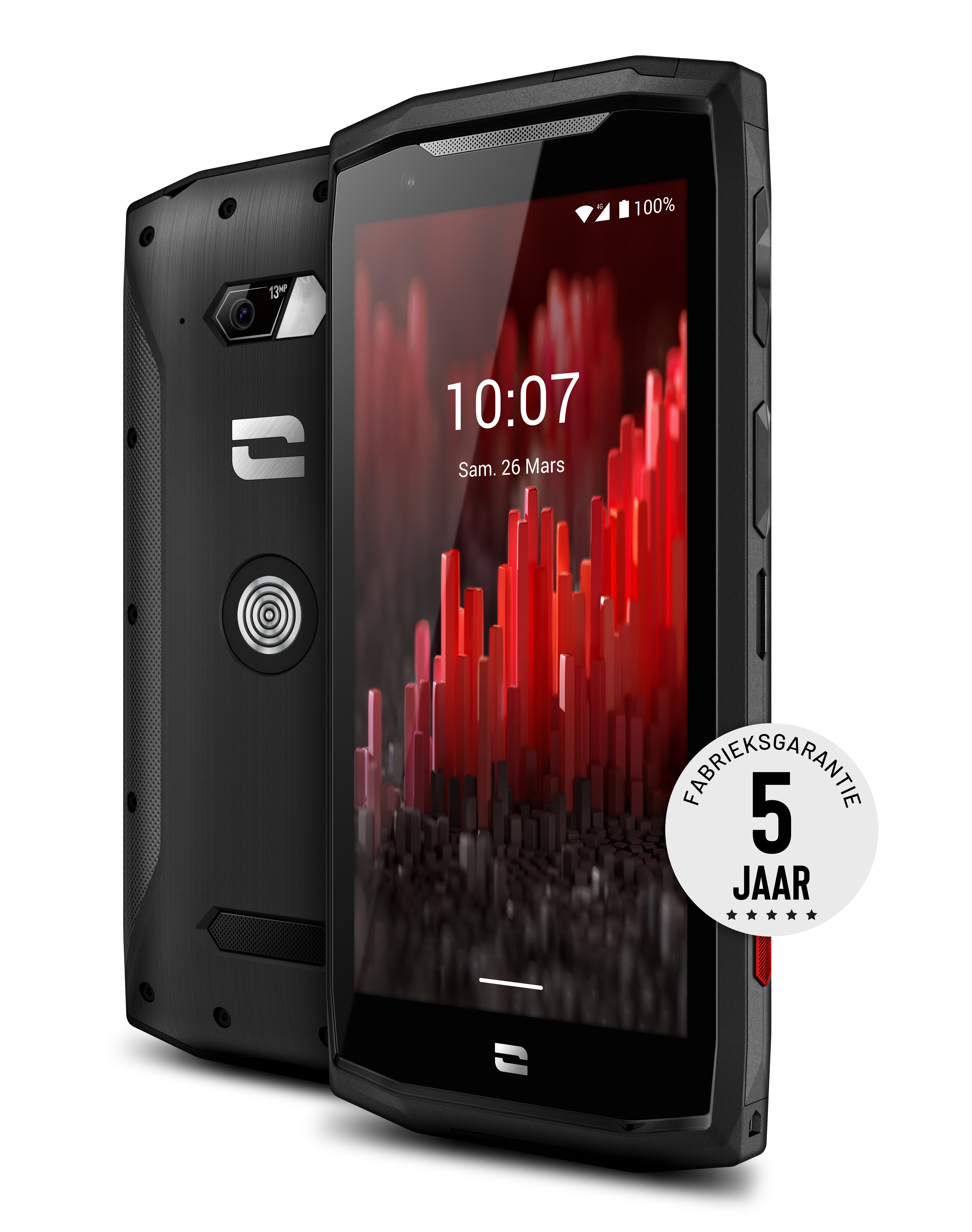 A black smartphone, with a red pattern on the screen, and a side view.