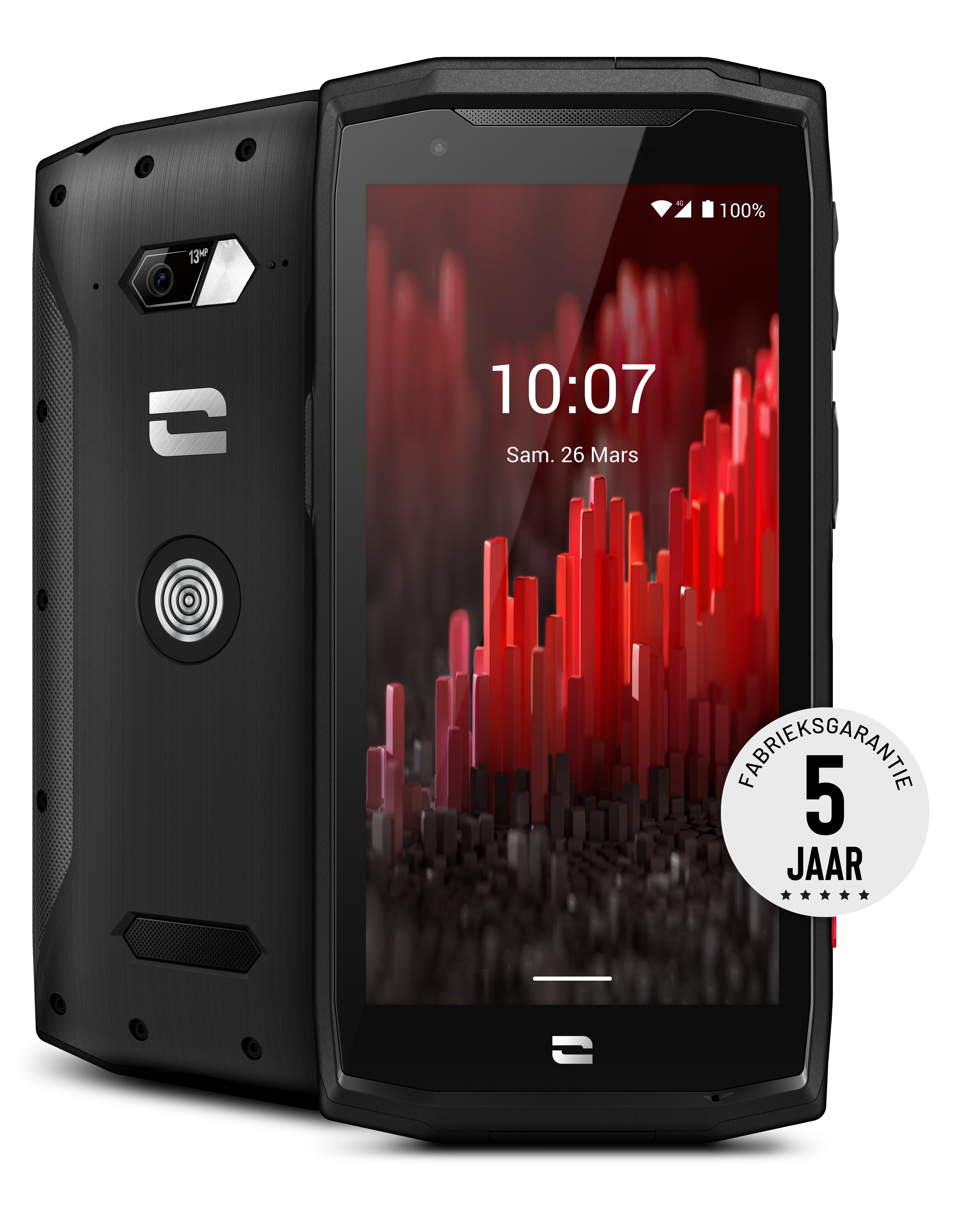 Black rugged smartphone with dual cameras, time display, and a 5-year warranty sticker.