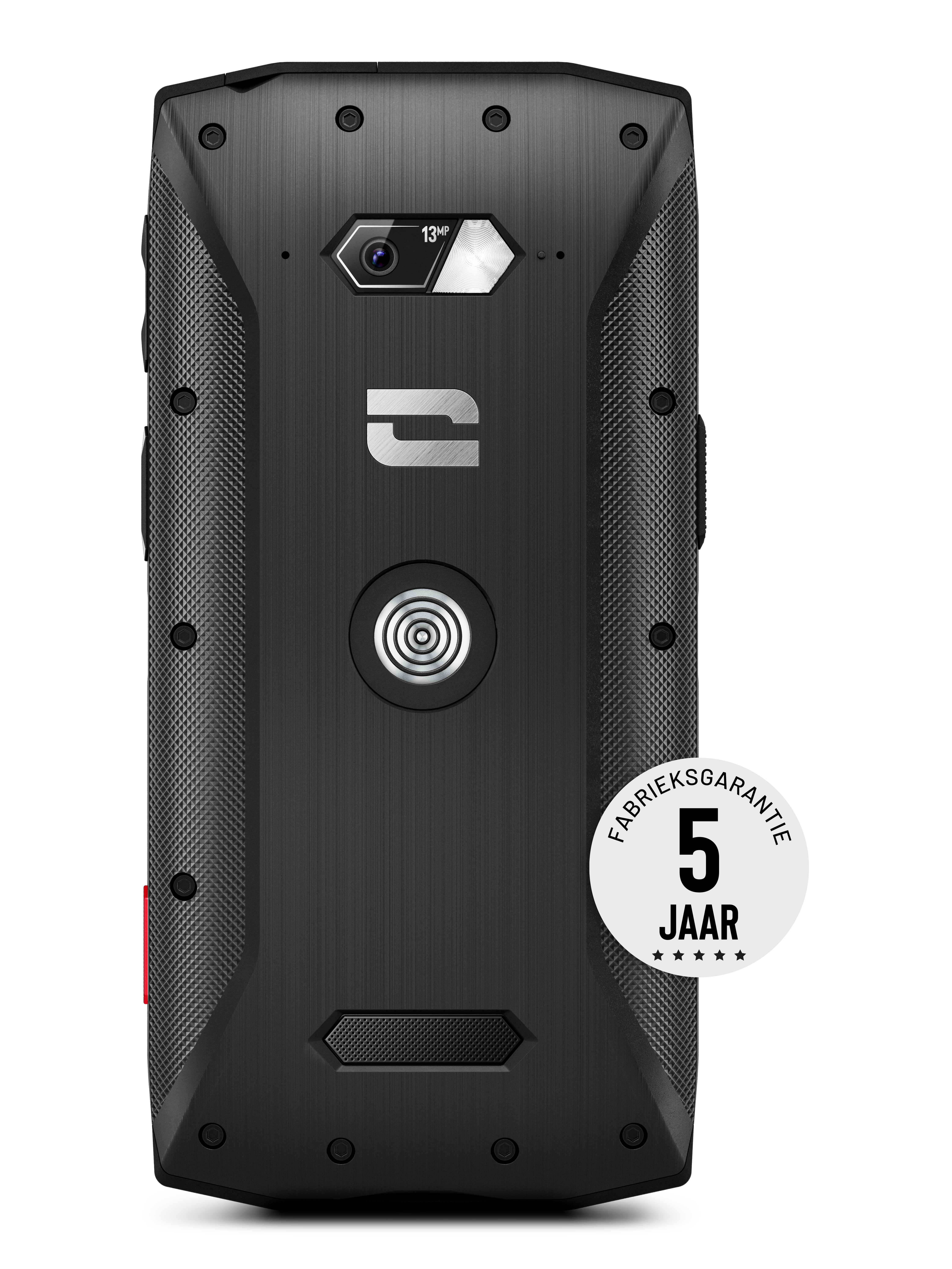 The back of a black phone with a camera and a 5-year warranty sticker. Textured surface.