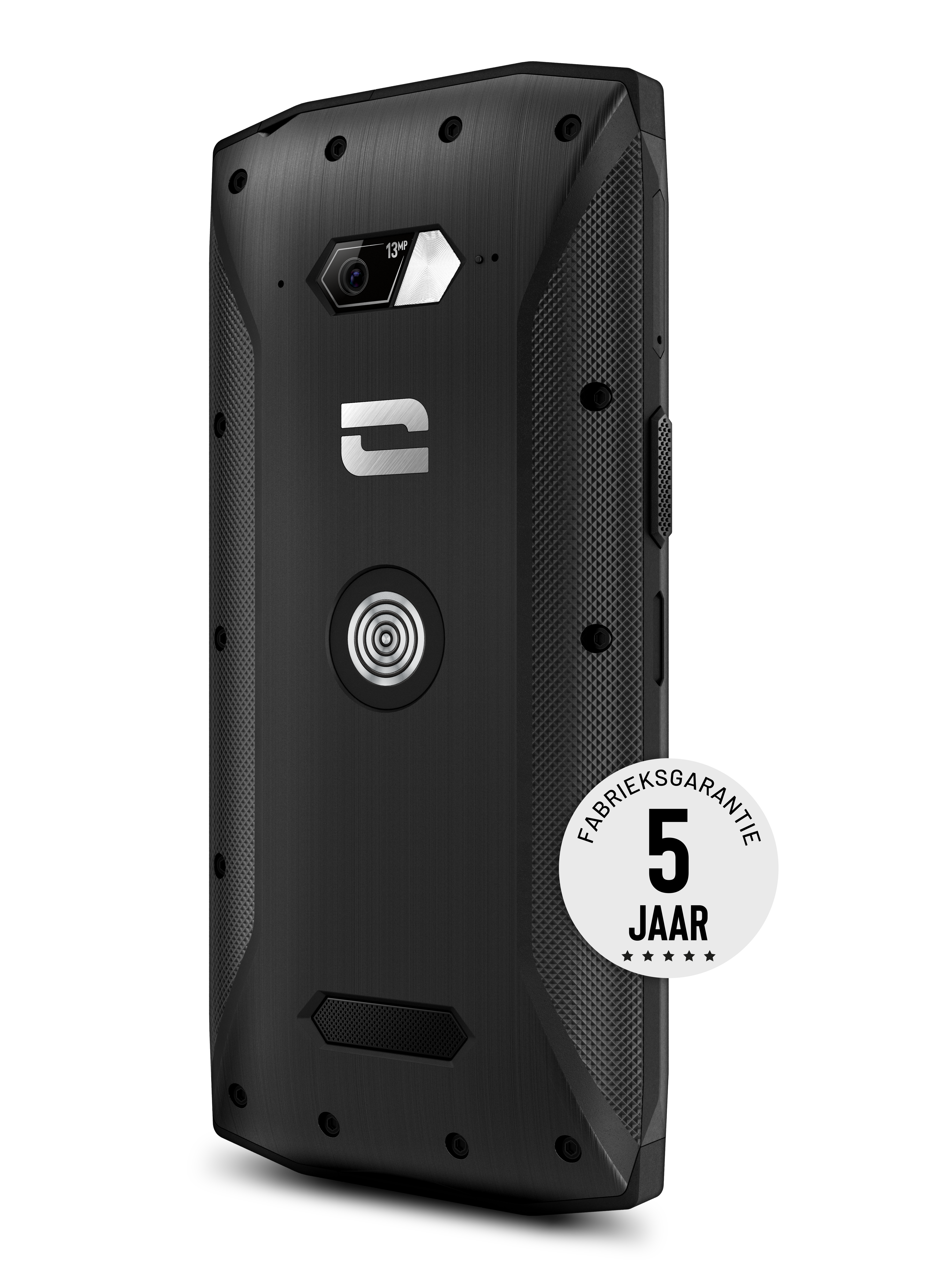 Black rugged smartphone back with camera, logo, and a 5-year warranty sticker.