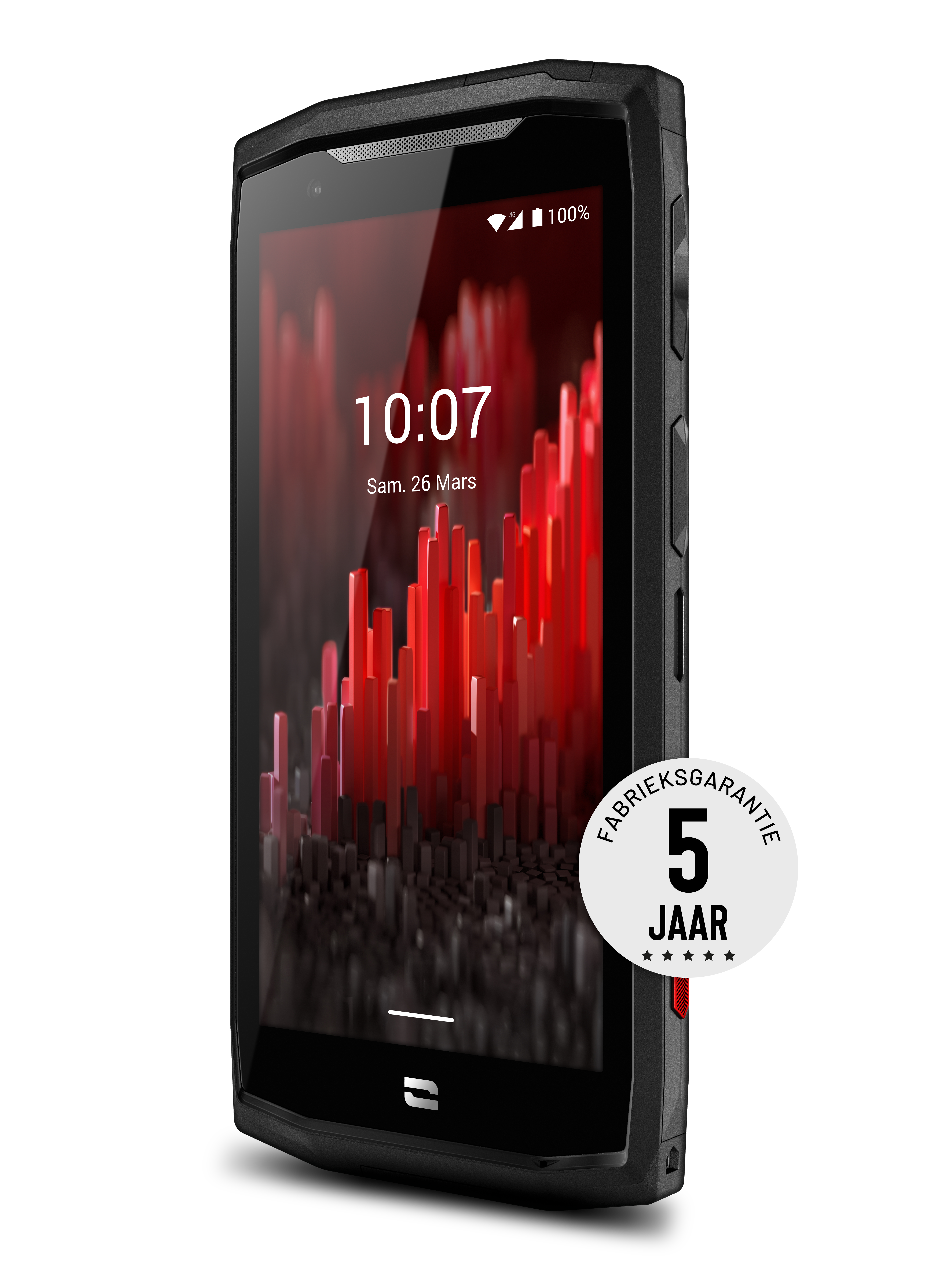 Rugged black smartphone with a black screen. 5-year warranty sticker is visible.