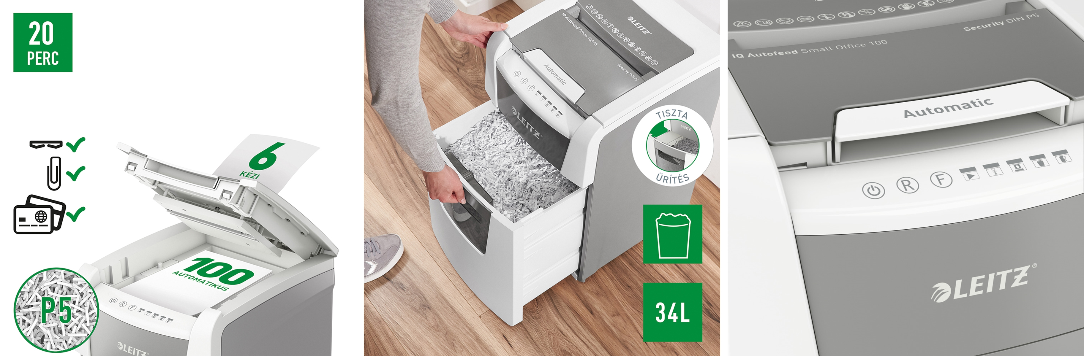 Három kép egy Leitz iratmegsemmisítőről. Van rajta papírnyílás, tartály és egy vezérlőpanel.