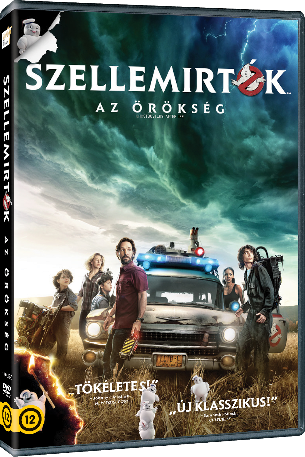 A Szellemirtók: Az Örökség DVD borítója. Karakterek és jármű egy mezőn viharfelhőkkel.