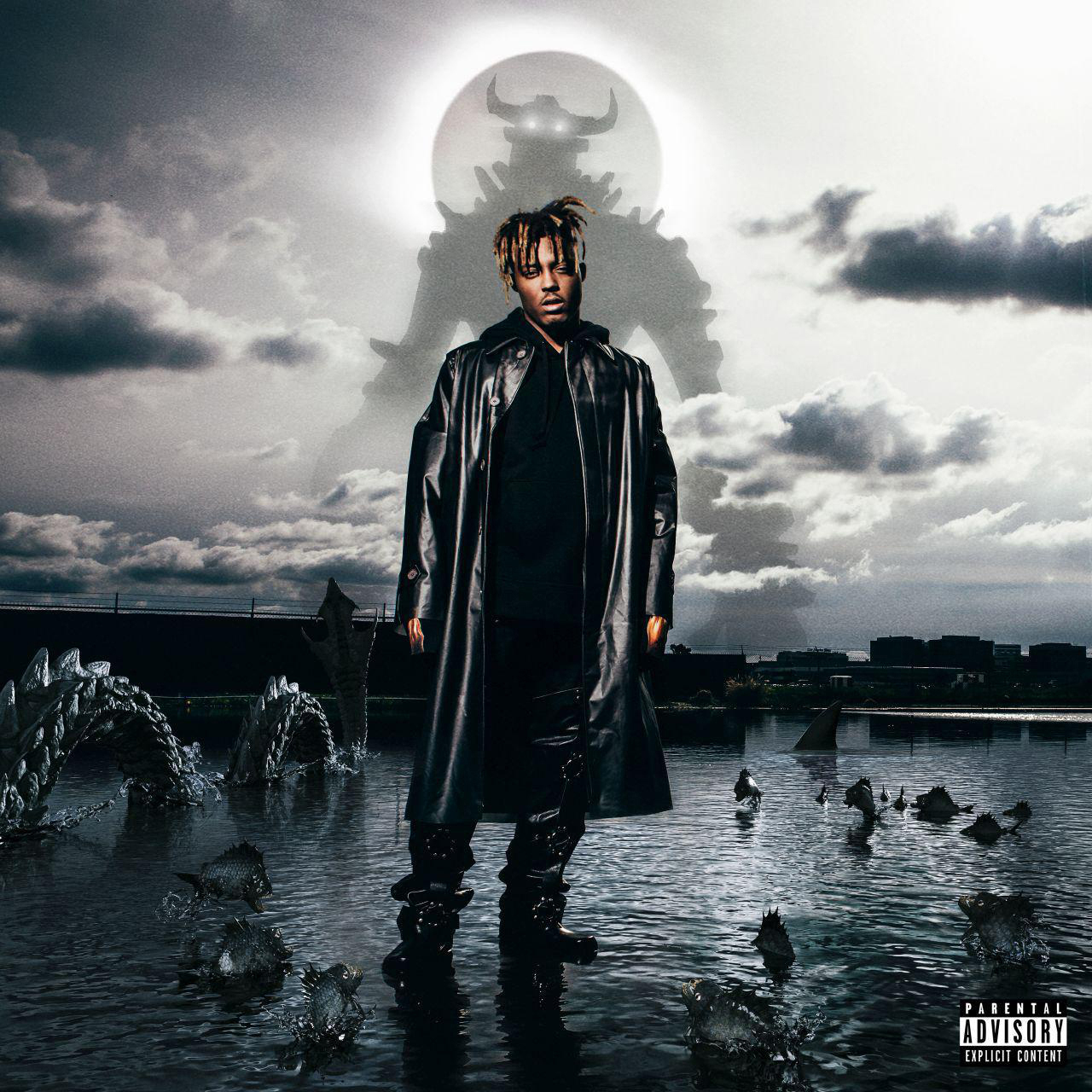 Albumcover mit Juice WRLD im Wasser stehend, eine große Figur im Hintergrund.
