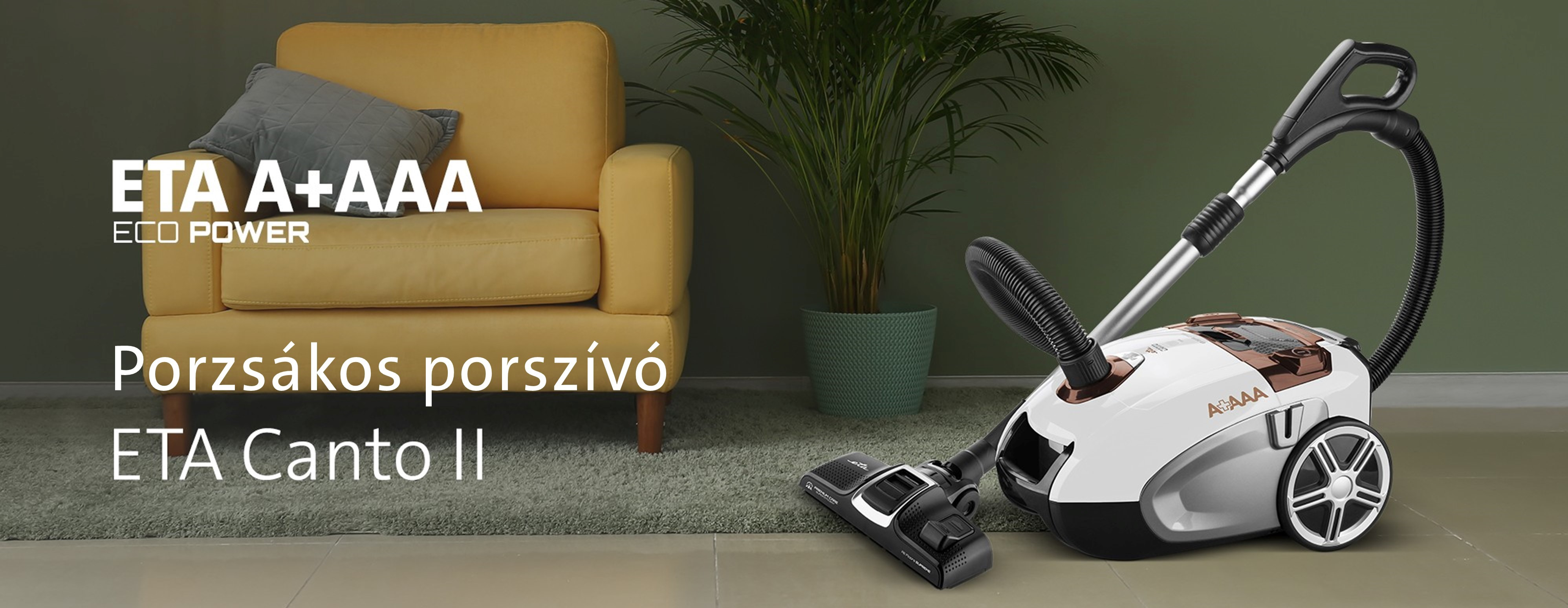 Egy porszívó, kanapé és egy növény a nappaliban, magyar nyelvű szöveggel.