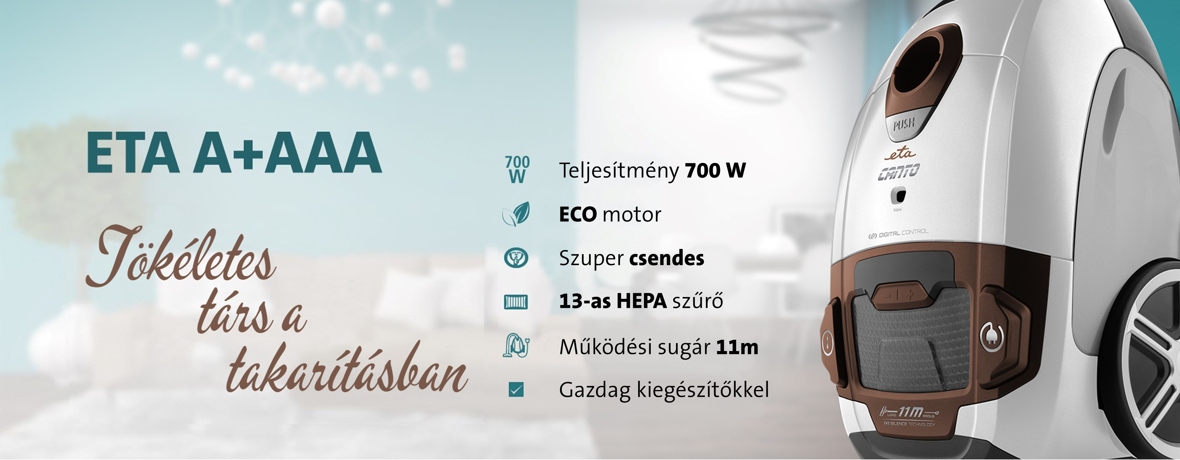 Fehér és barna ETA Cannto porszívó, mellette információkkal és szöveggel.