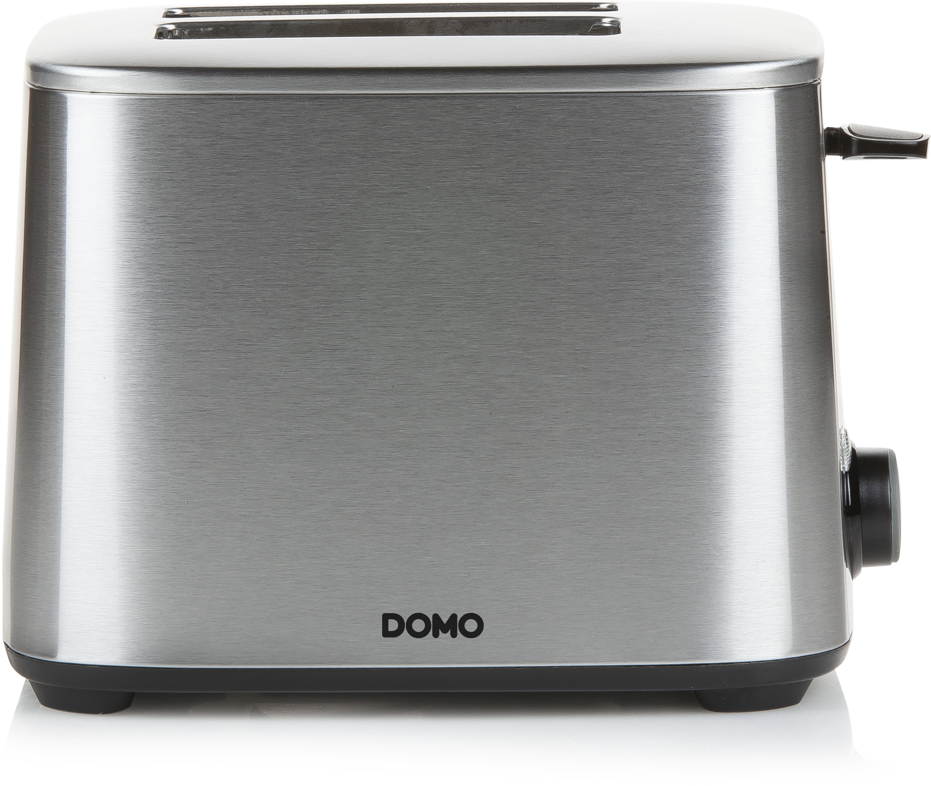 Silver toaster on a white surface, black base and control knob.