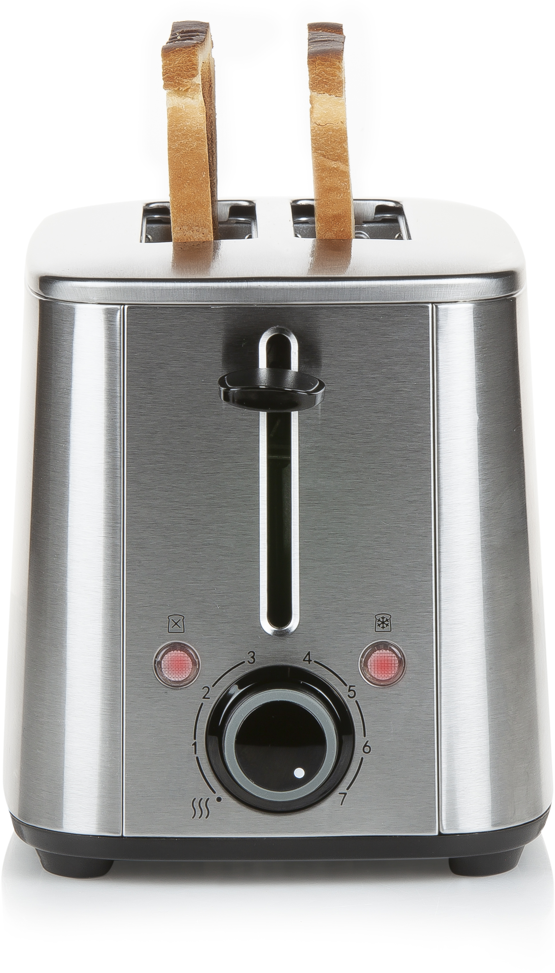 A stainless steel toaster with two slices of toast sticking out.