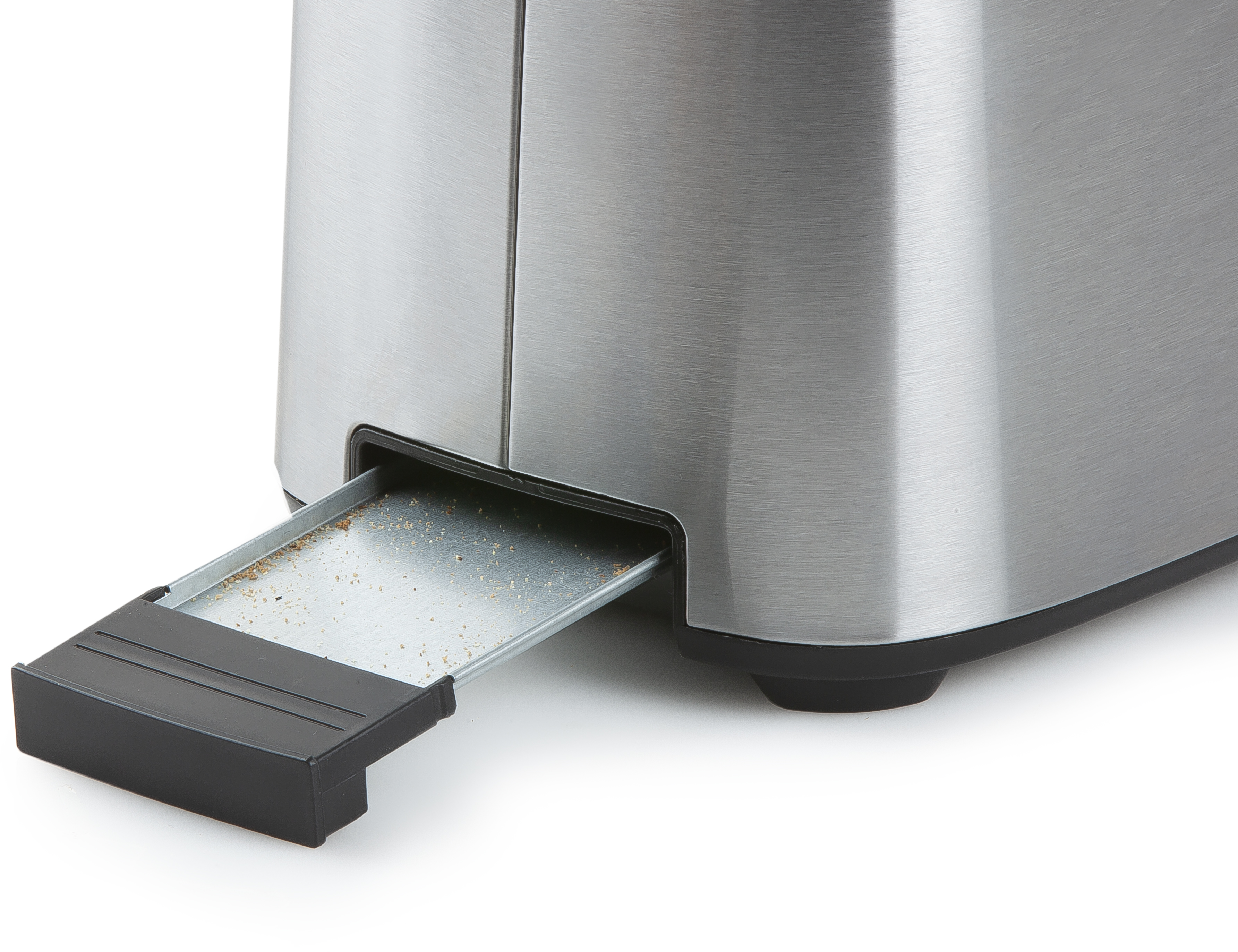 Silver toaster, with the crumb tray pulled out. Black base.