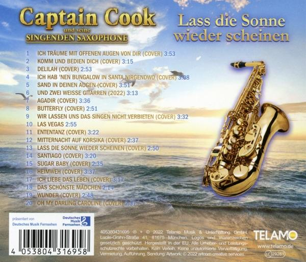 Rückseite einer CD-Hülle mit Titelliste, Saxophon und Sonnenuntergang im Hintergrund.