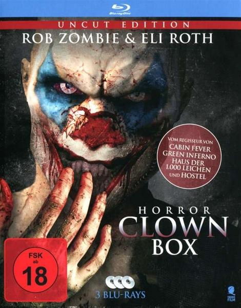 Filmcover: Ein gruseliger Clown mit dem Text 'Horror Clown Box'.