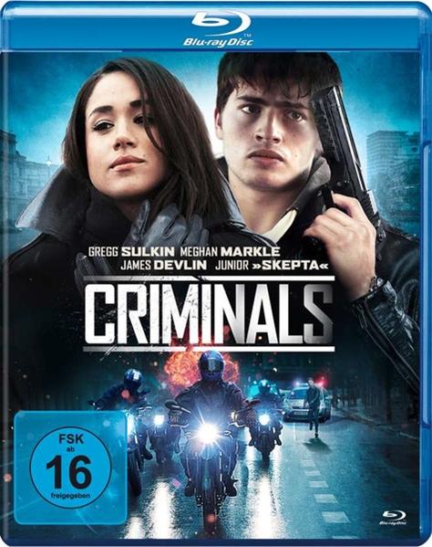 Blu-ray-Cover für den Film 'Criminals'. Zwei Personen vor Stadtkulisse, Text: Criminals.