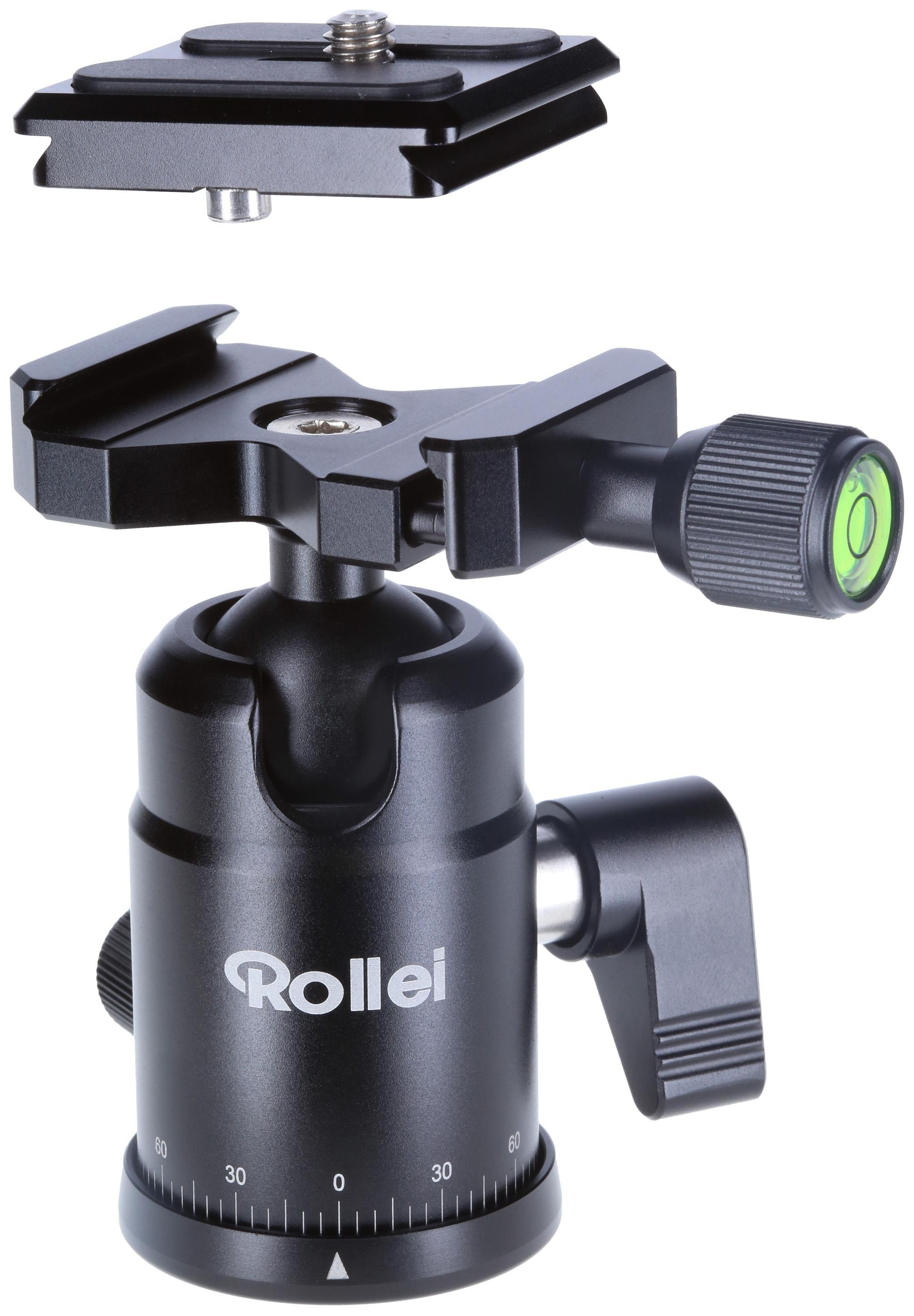 Schwarzer Stativkopf mit Wasserwaage und Platte. Das 'Rollei'-Logo ist sichtbar.
