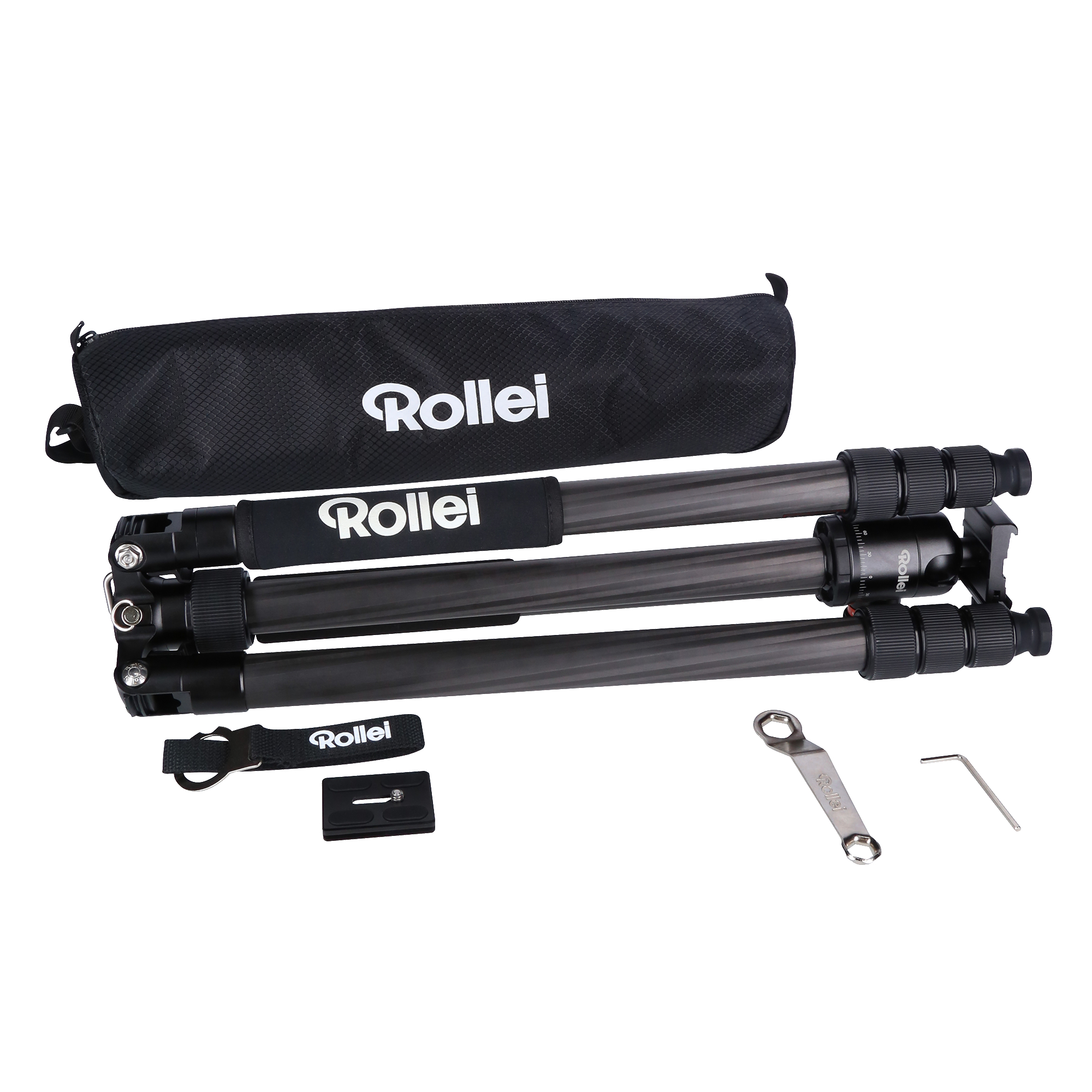 Stativ-Kit mit schwarzer Tasche, Stativ und Zubehör, alles Rollei-Marke.