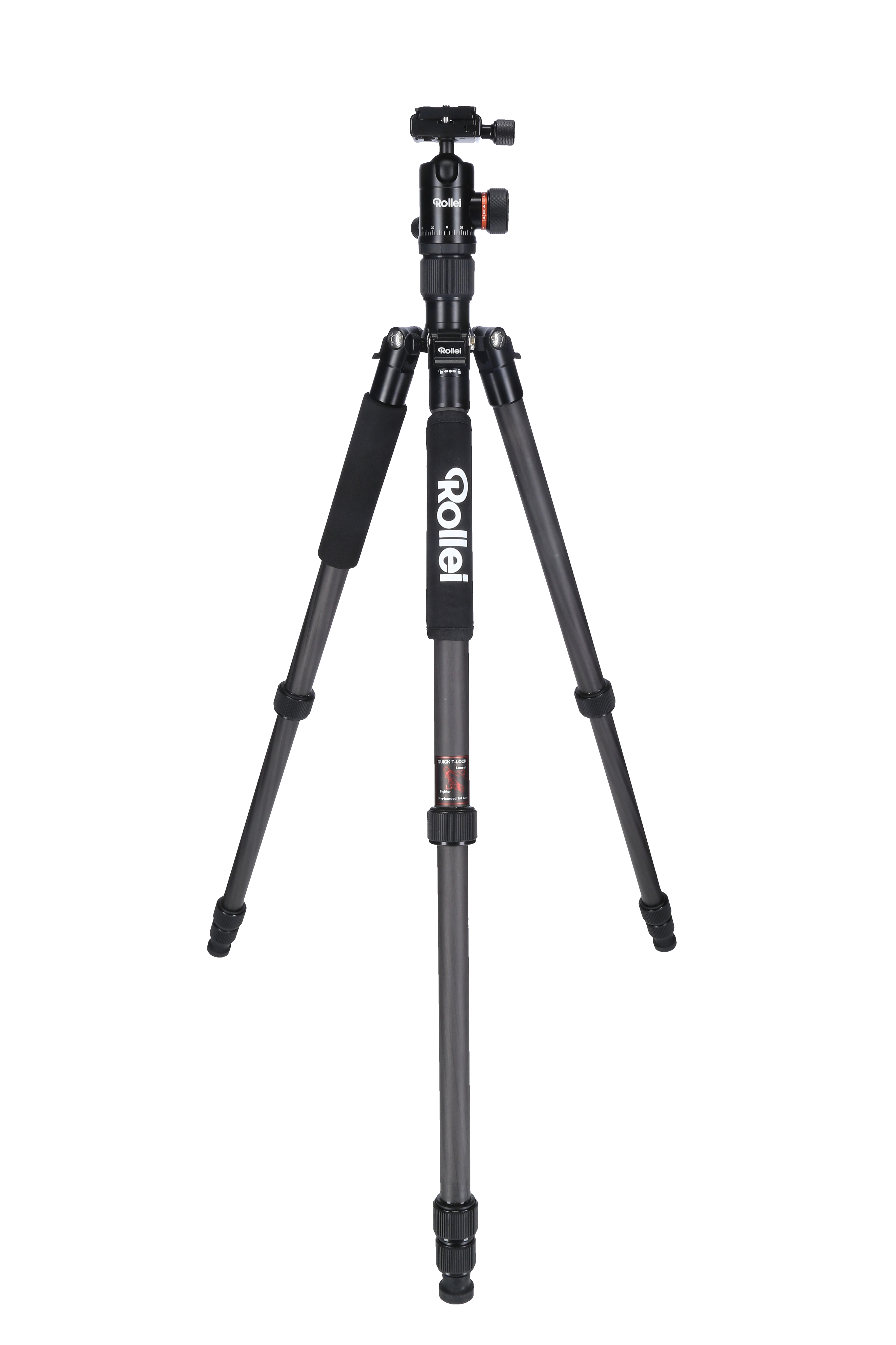 Ein schwarzes Rollei-Stativ steht auf weißem Hintergrund mit ausgeklappten Beinen.