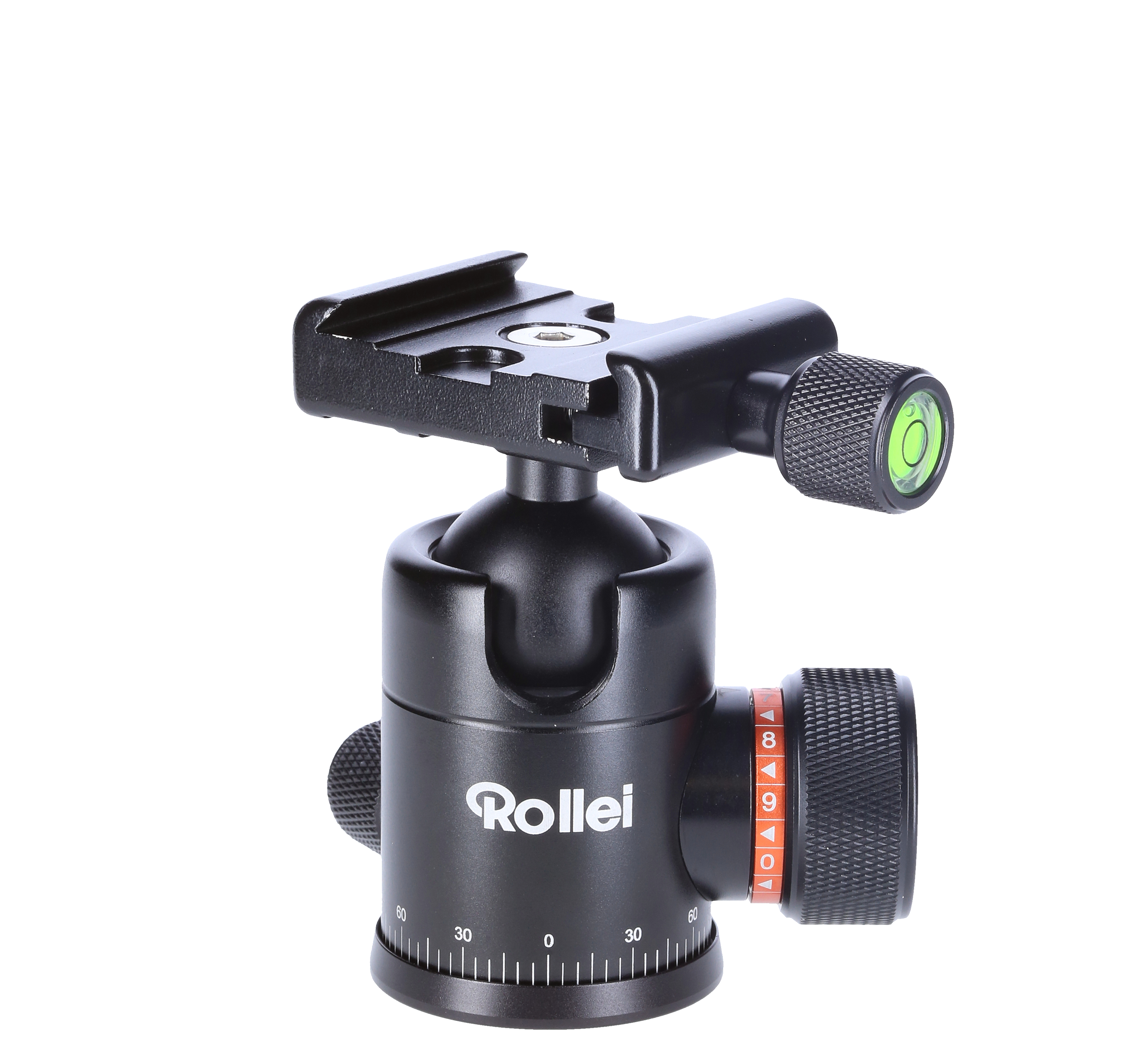 Schwarzer Rollei Kugelkopf-Stativhalterung mit Wasserwaage und Einstellrad.