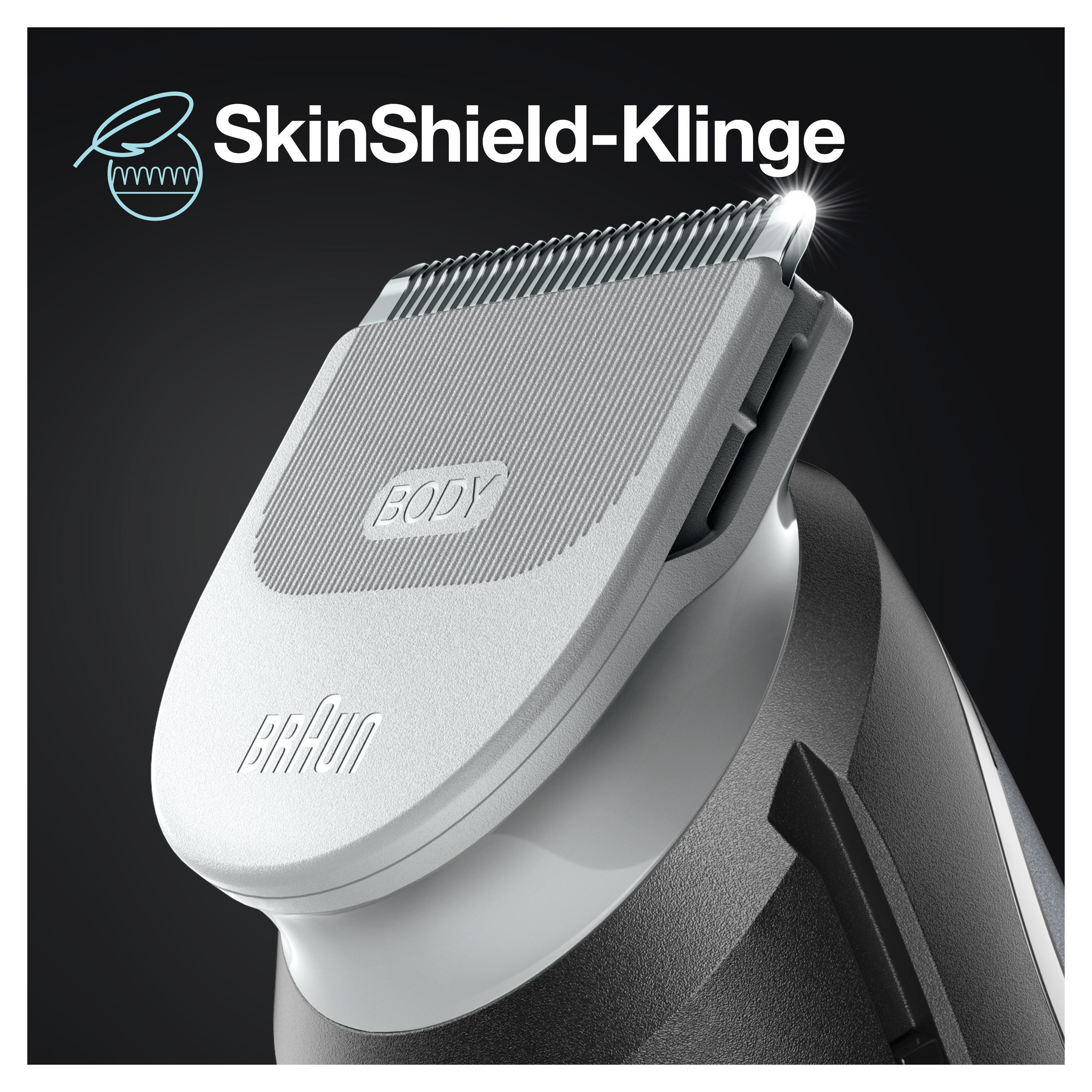 Nahaufnahme eines Braun Trimmerkopfes, mit SkinShield-Klinge-Text und einem Schwarz-Weiß-Design.