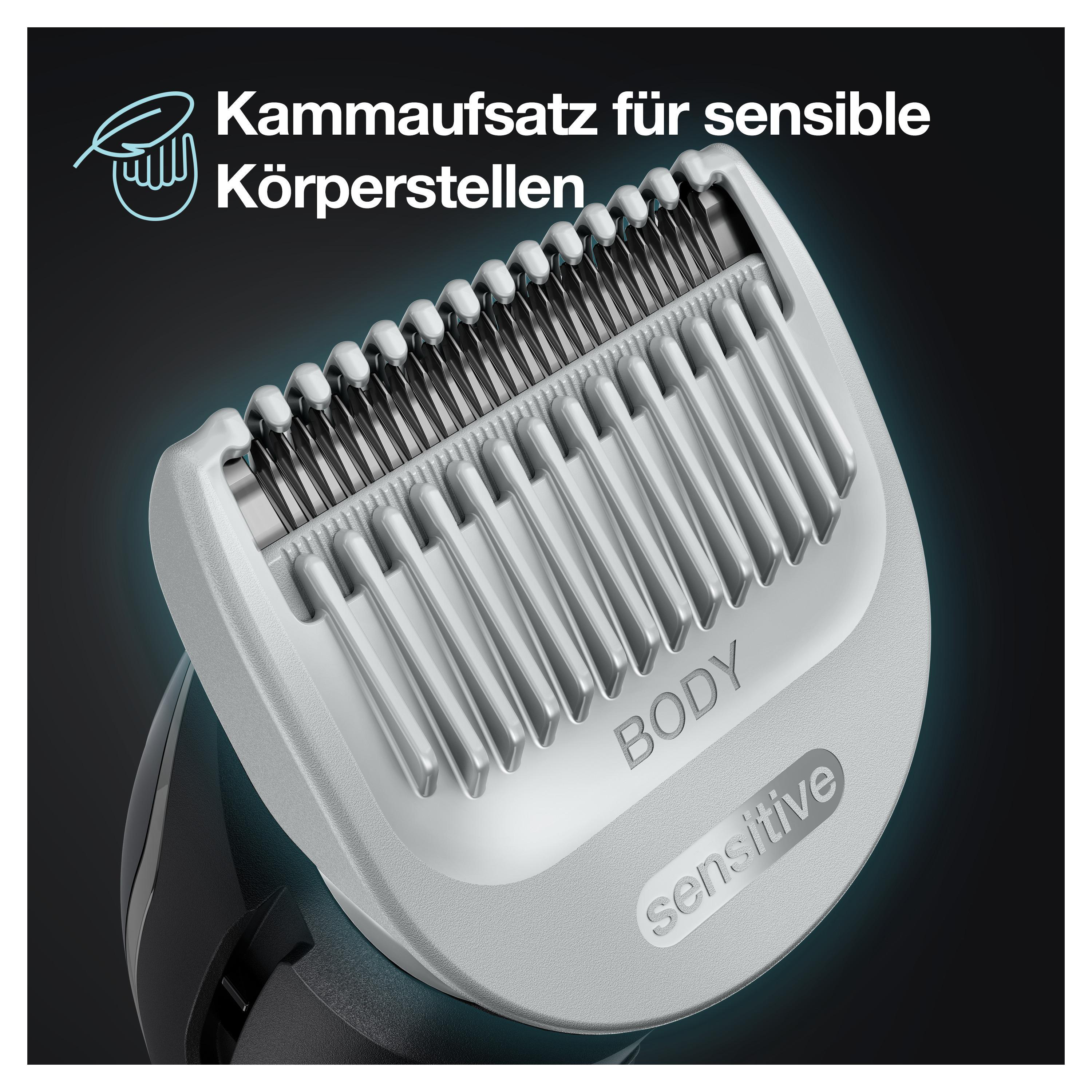 Ein Trimmerkopf für empfindliche Bereiche, Nahaufnahme. Blaues Licht um den Kopf.