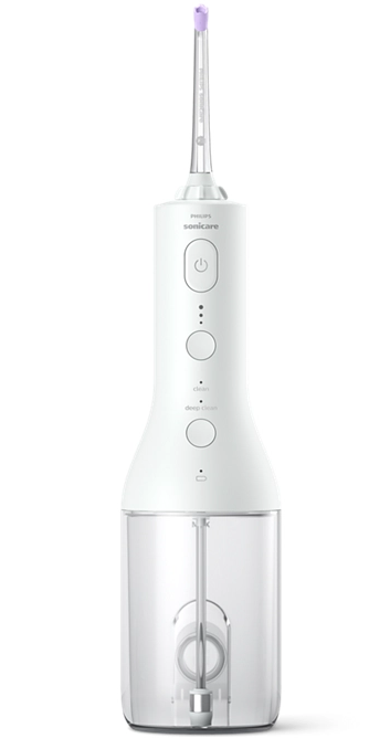 Hydropulseur Philips Sonicare blanc avec boutons et réservoir d'eau transparent.