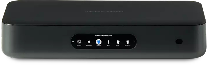 Een zwarte Harman Kardon media-ontvanger met diverse aansluitmogelijkheden. Het voorpaneel is zichtbaar.
