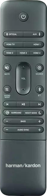 Een donkergrijze Harman Kardon afstandsbediening met diverse knoppen.
