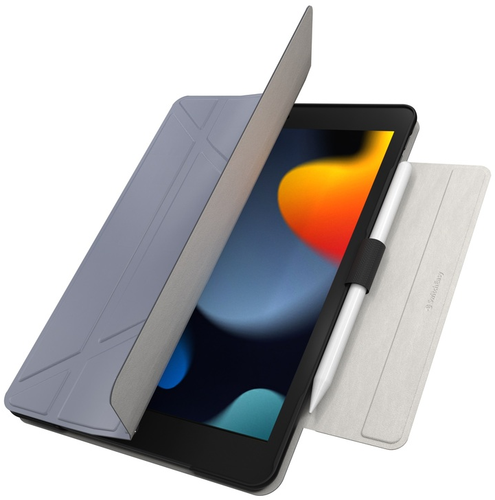 iPad tokban, ceruzával. A tok szürke, az iPad képernyője látható.