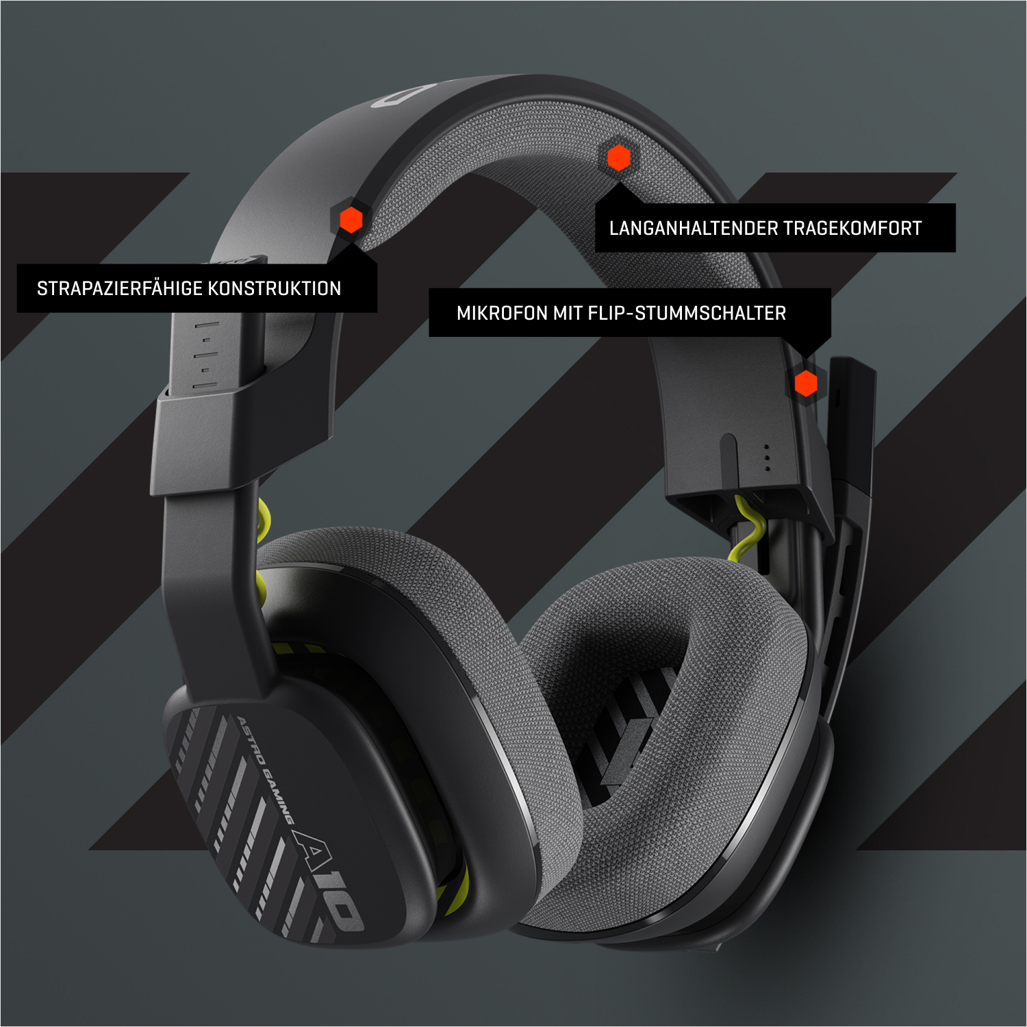 Schwarzes und graues Gaming-Headset mit Etiketten. Headset hat ein Mikrofon und gepolsterte Ohrmuscheln.