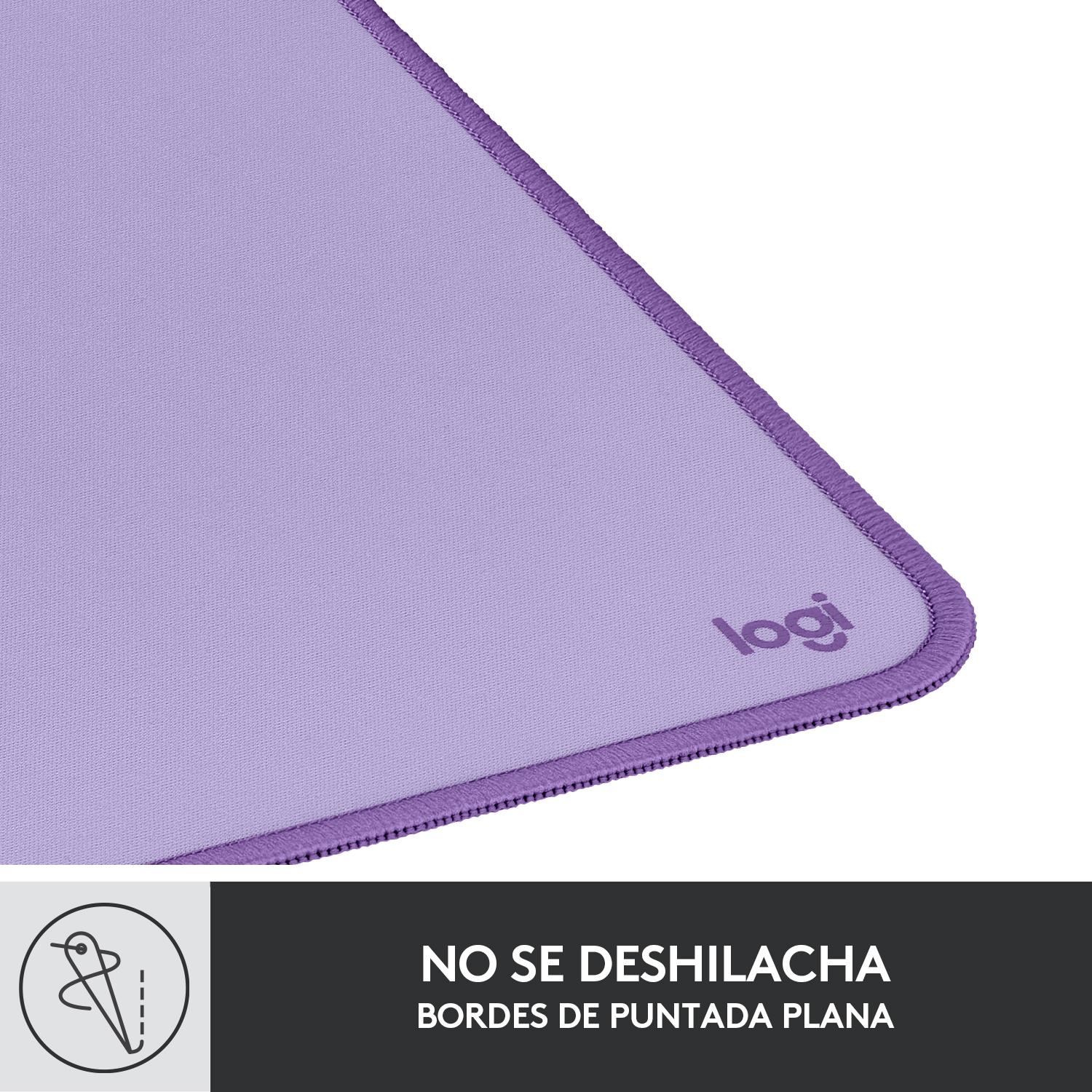 Una alfombrilla morada con borde cosido y el logotipo de Logitech. El texto dice 'sin deshilacharse'.