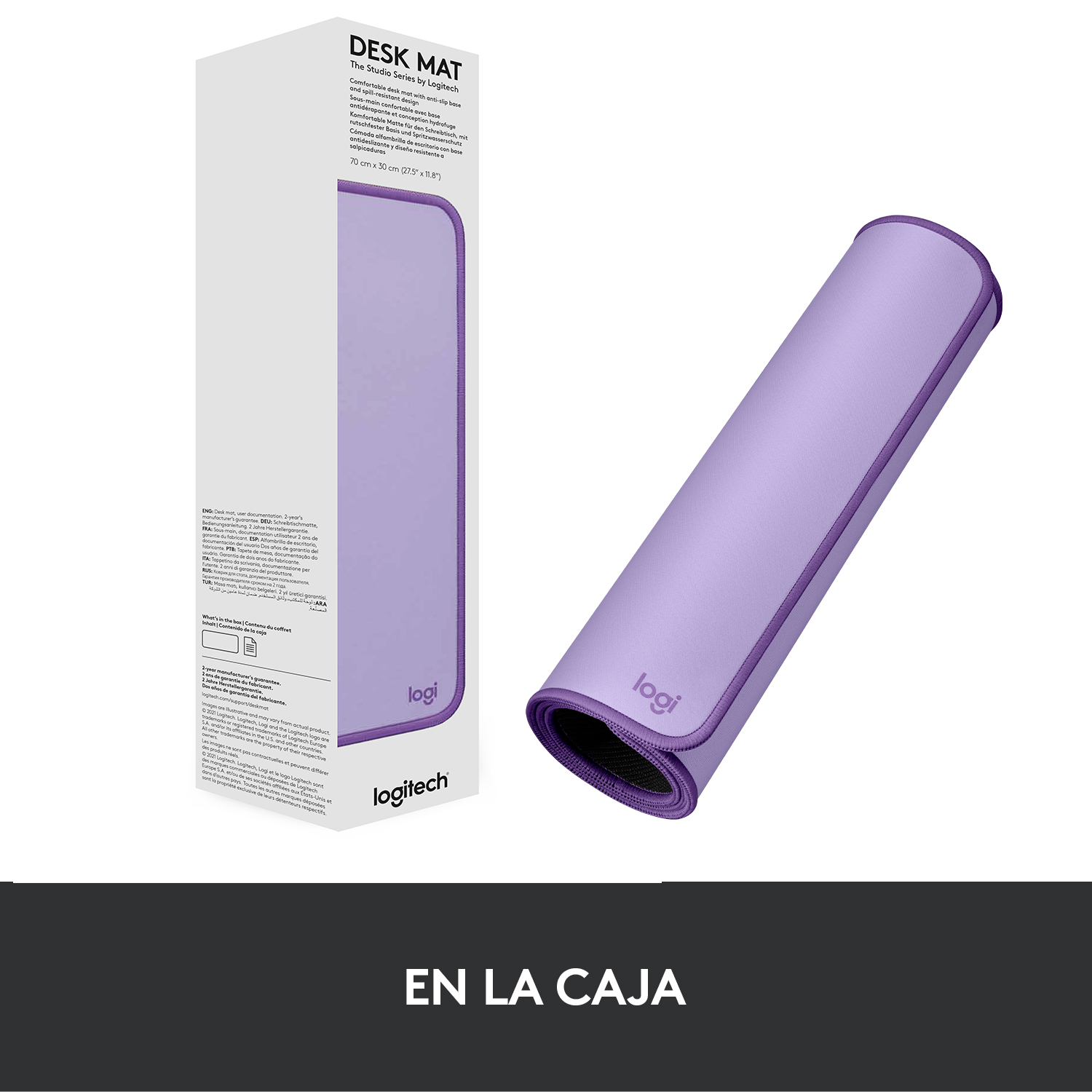 Alfombrilla de escritorio morada y una caja del mismo color.