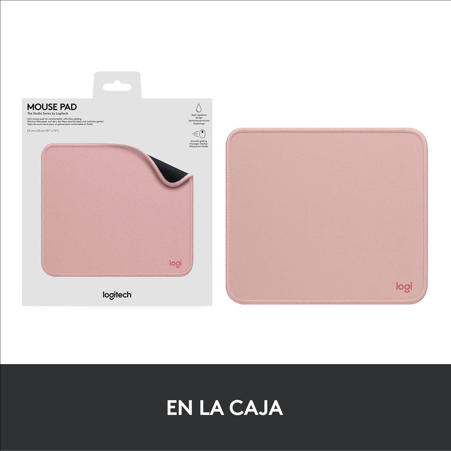 Una alfombrilla de ratón Logitech rosa y su embalaje. La alfombrilla es rectangular con bordes cosidos y una parte inferior negra.