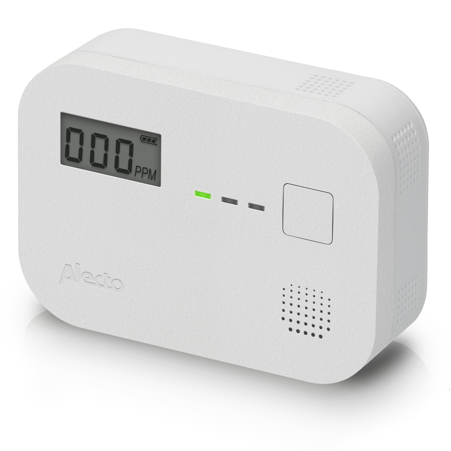 White gas detector with display showing 000 PPM, green and black indicator lights.
