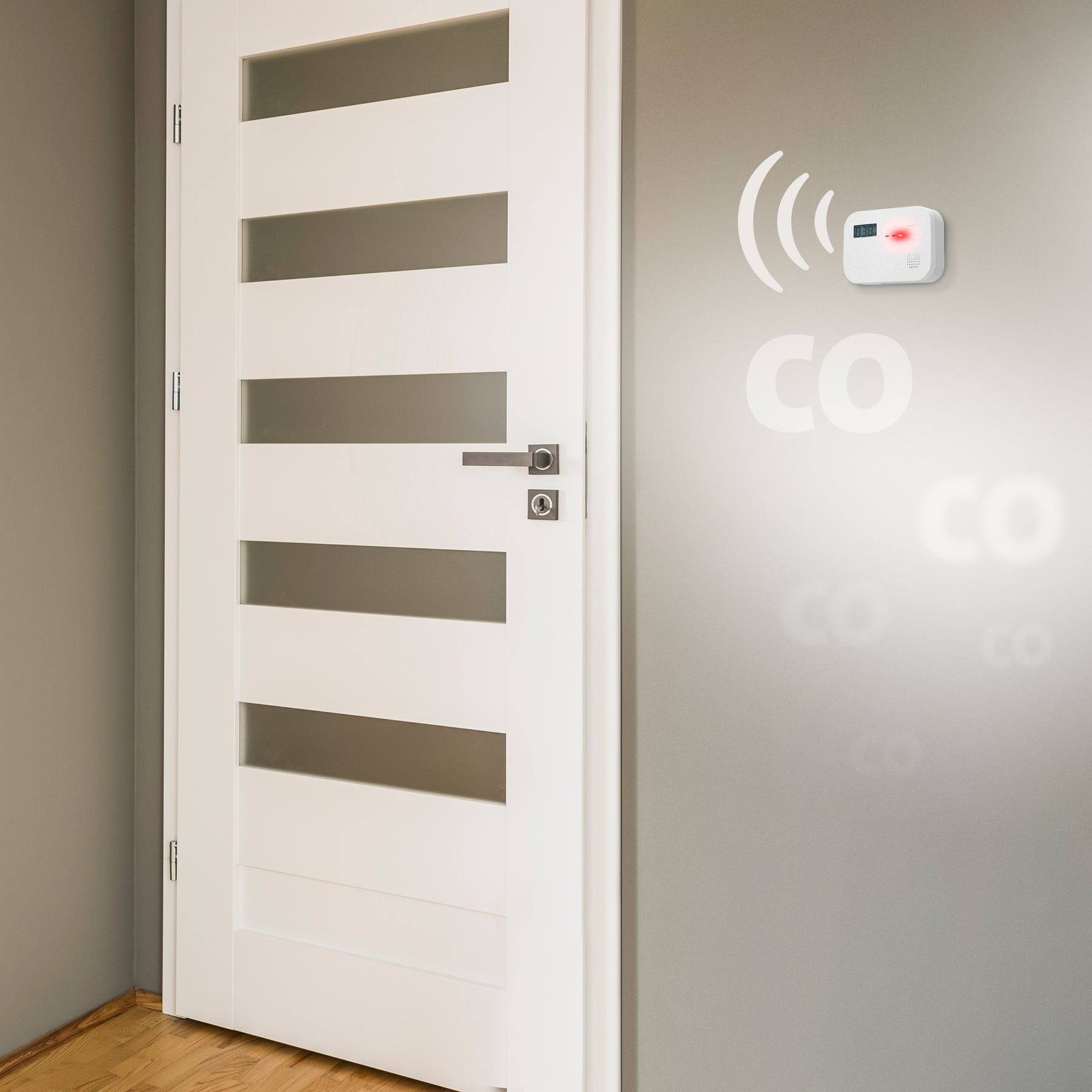CO detector on wall next to a white door. White CO text on wall.