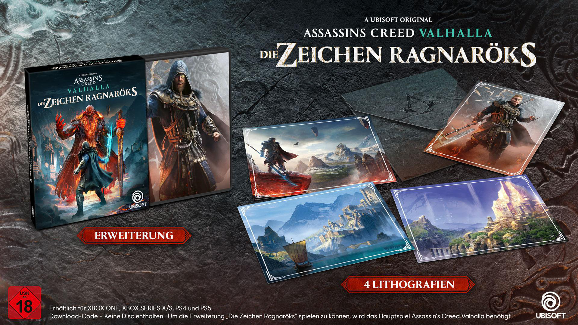 Assassin's Creed Valhalla Spiel-Box-Set mit Kunstwerken und Lithografien, mit einem Logo.