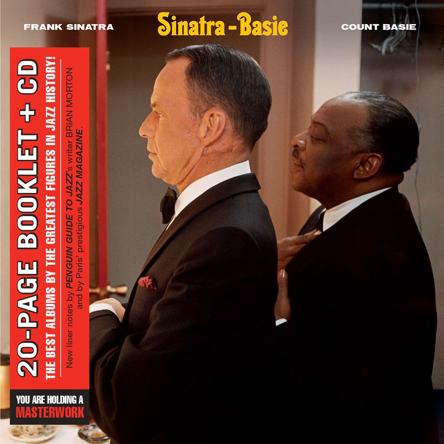Couverture du CD Sinatra-Basie. Sinatra et Basie. Texte rouge et blanc. Vue latérale de deux hommes en costume.